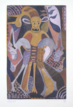 George Lilanga, Untitled (yellow mashetani figure with spirits), Color etching (10 1/4" h. x 6 1/2"w.), #19/50