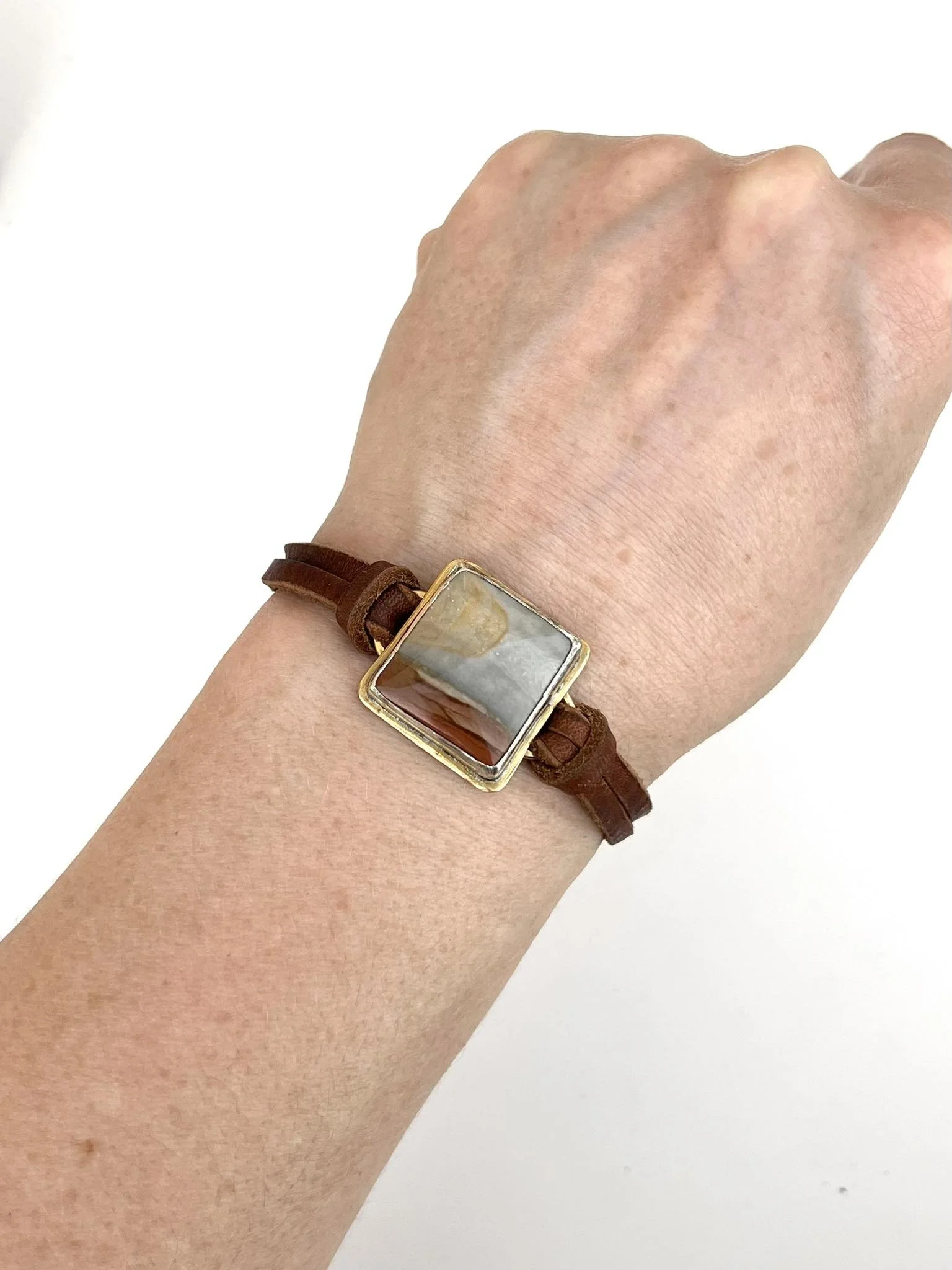 Polychrome Jasper, set in Brass & .925 Silver, Leather, Hand Fabricated, OOAK, Bracelet