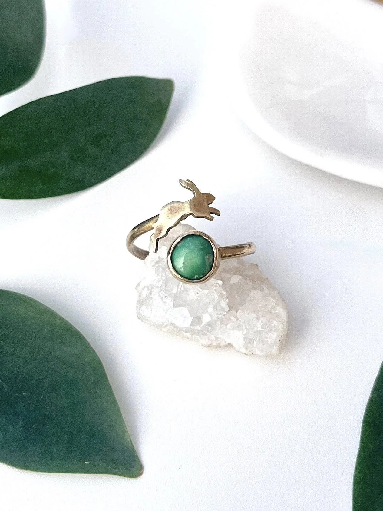 Emerald Valley Turquoise Set in Brass, Leaping Bunny Ring #1, US Ring Size 8.5