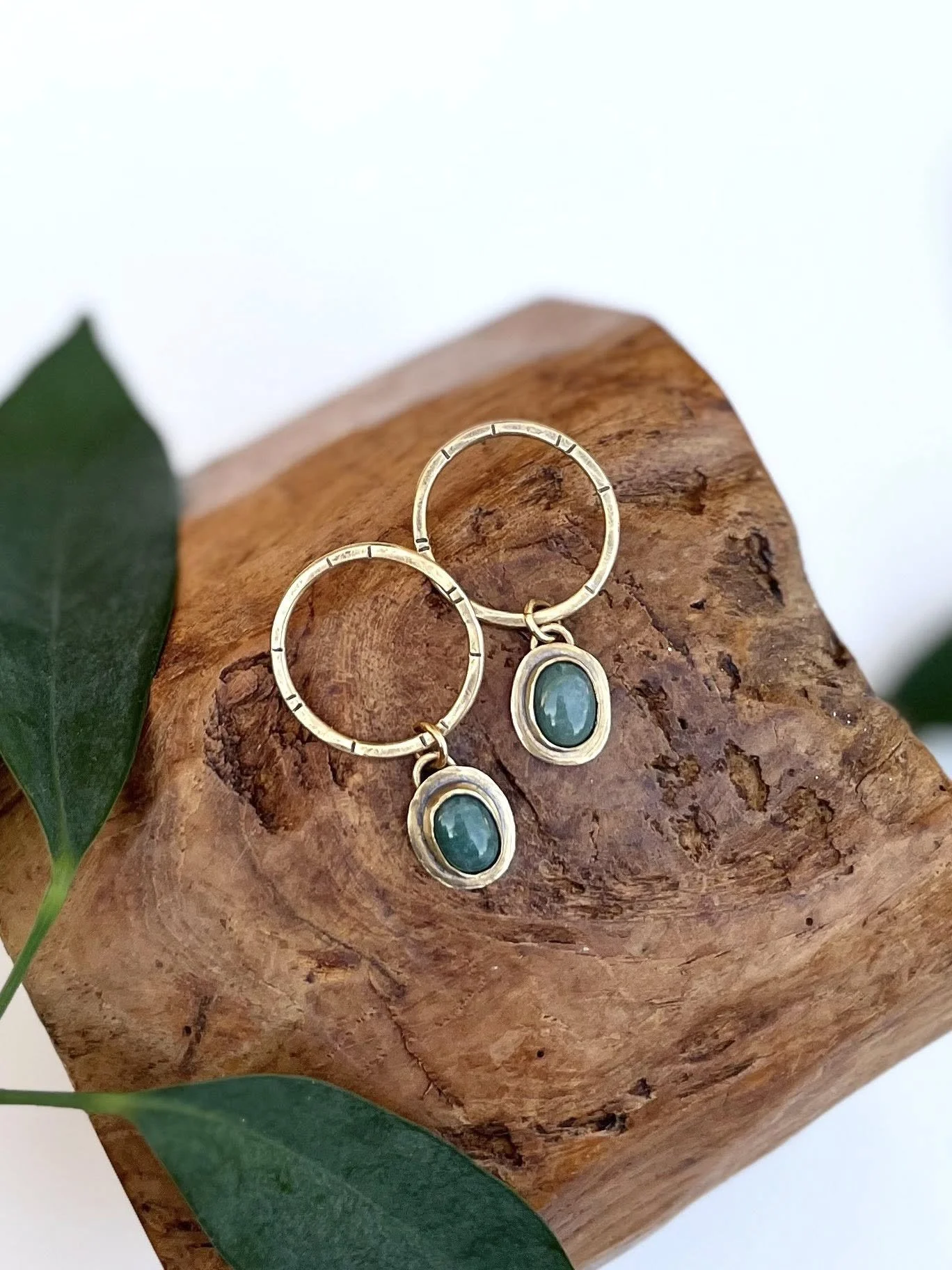 Moss Agate set in Brass, Hand Fabricated, OOAK, Earrings
