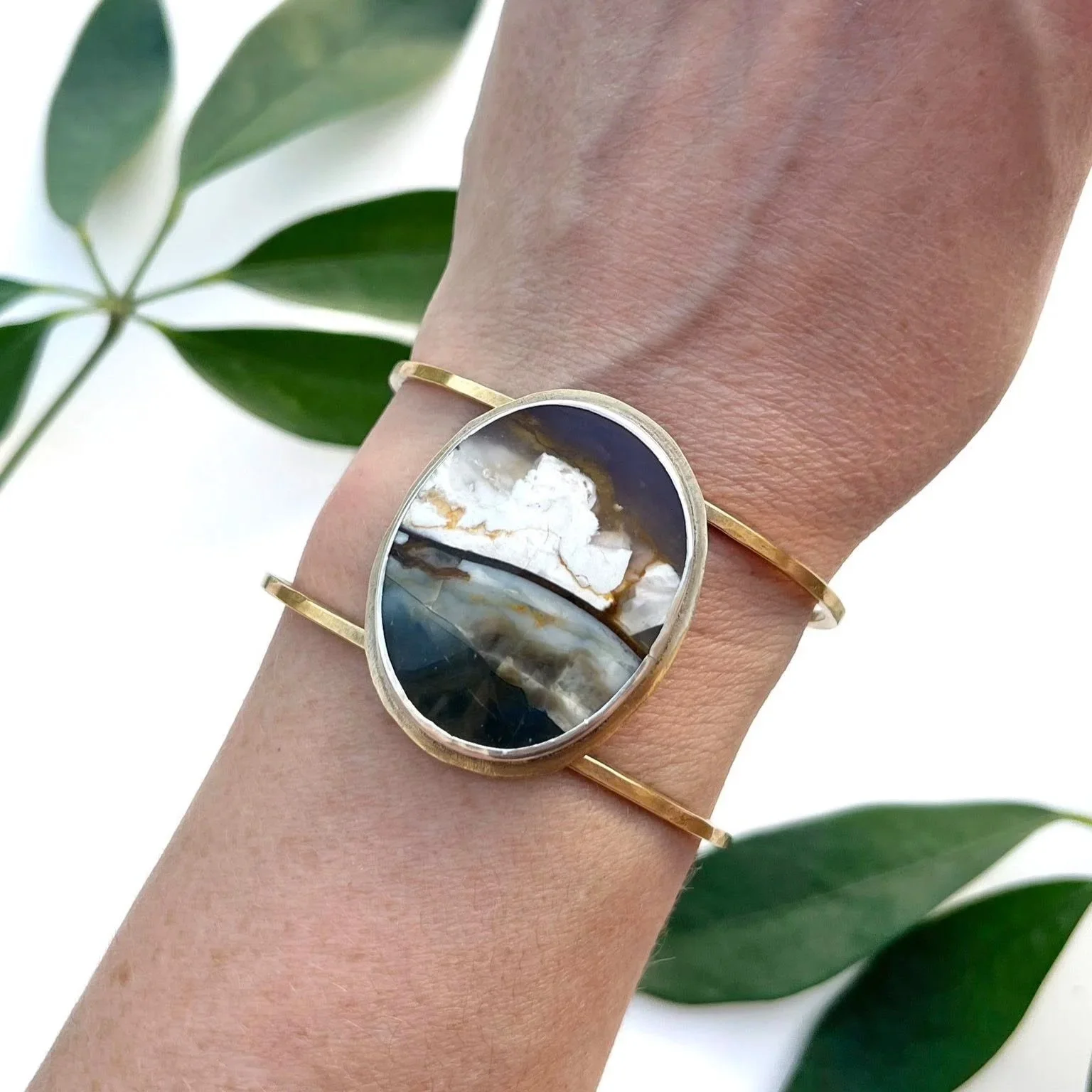 Scenic Agate set in Brass with .925 Silver Bezel, Hand Fabricated, OOAK, Cuff Bracelet