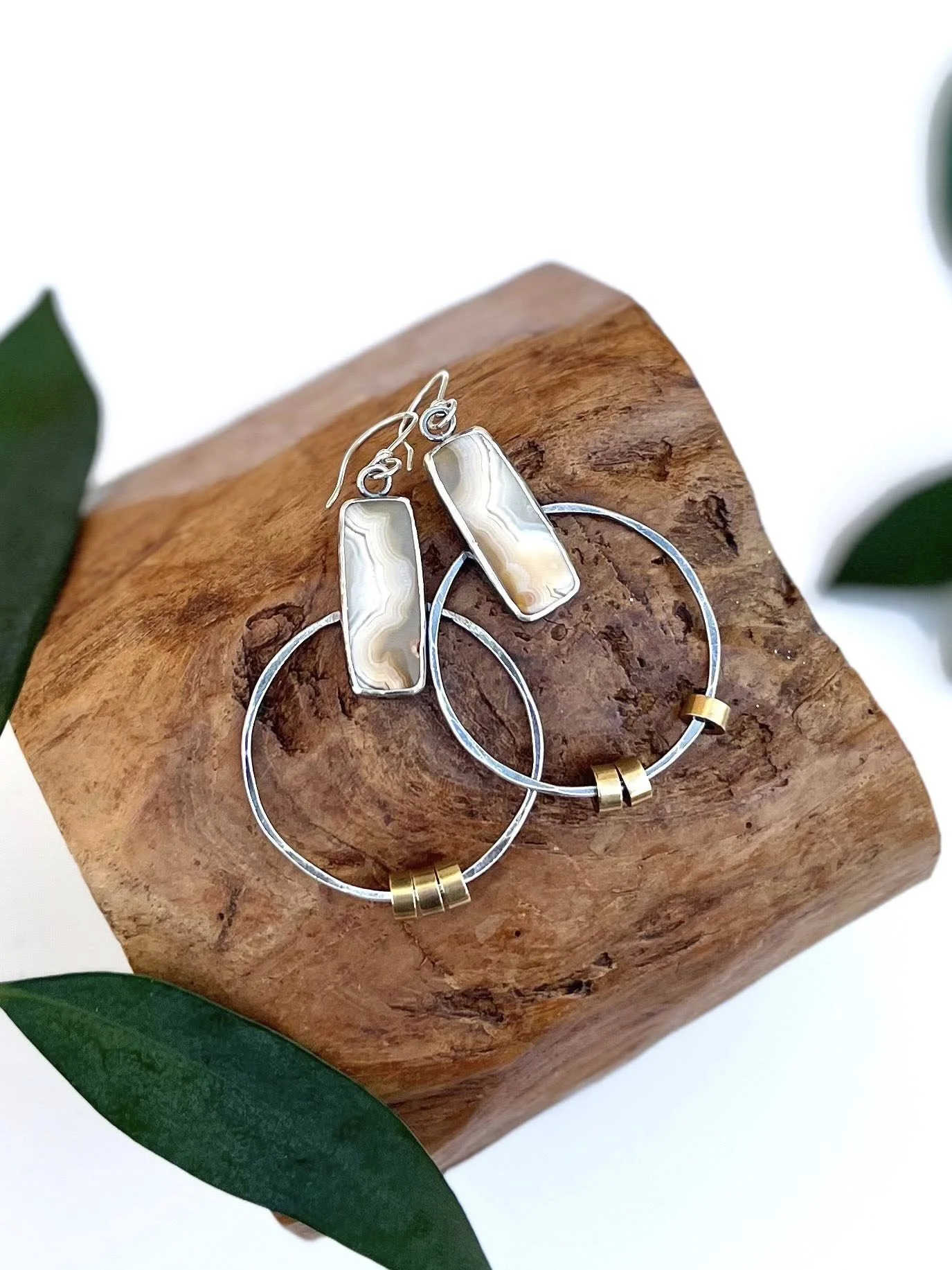 Orbicular Agate set in Oxidized .925 Silver, Brass Bead Accent, Hand Fabricated, OOAK, Earrings