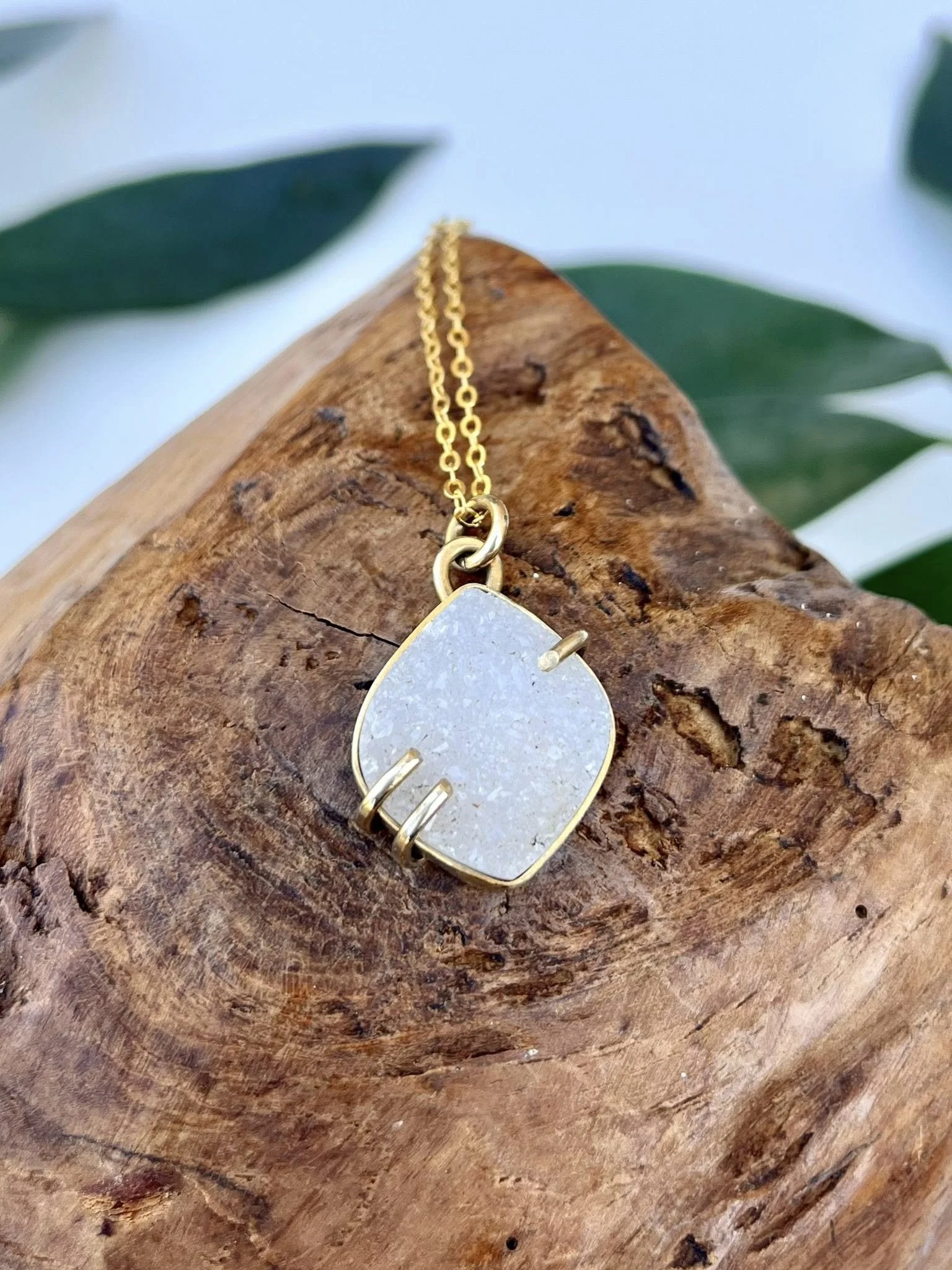 White Crystal Druzy set in Brass, Necklace