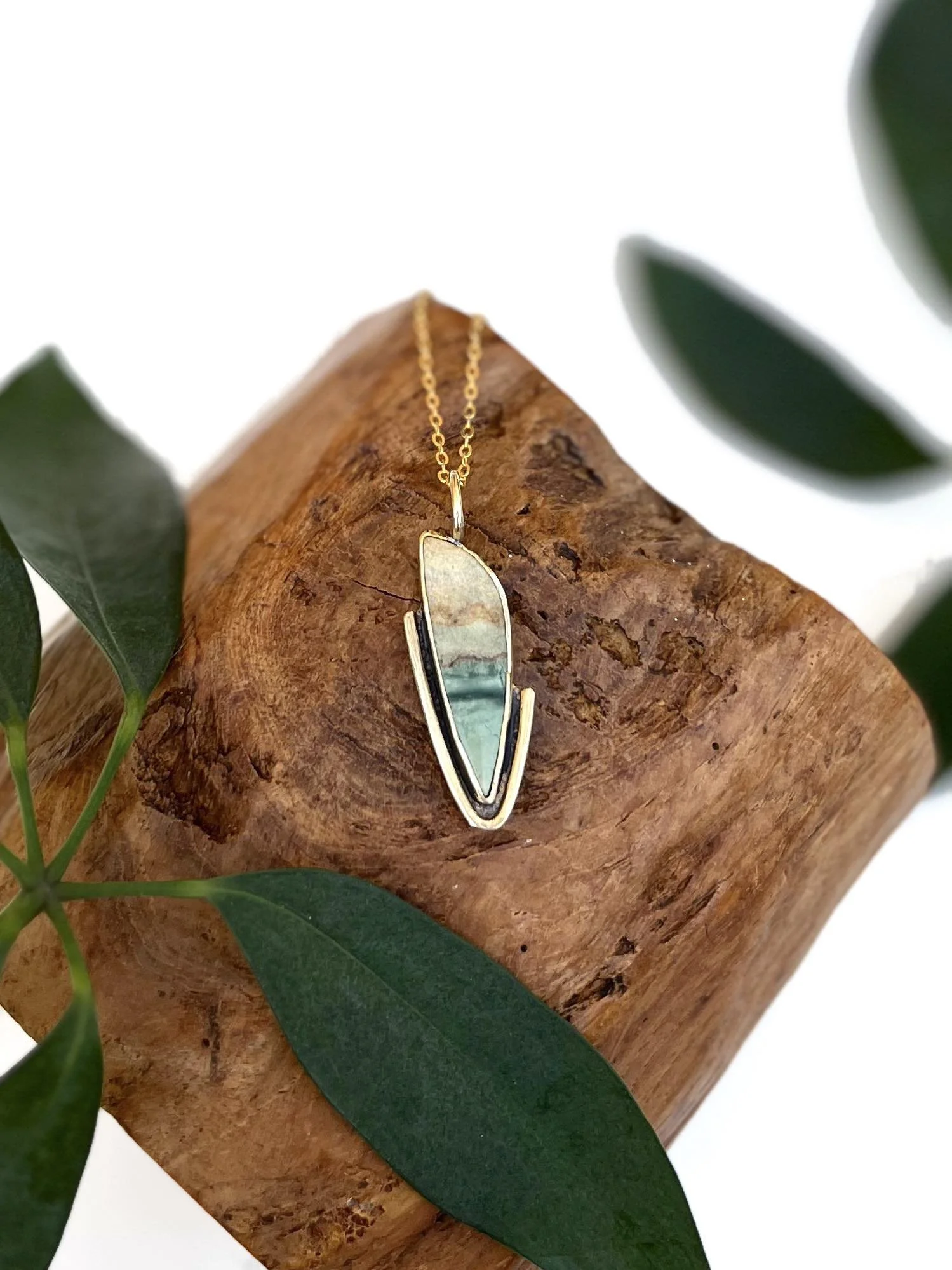 Green Picture Jasper set in Brass, Hand Fabricated, OOAK, Necklace