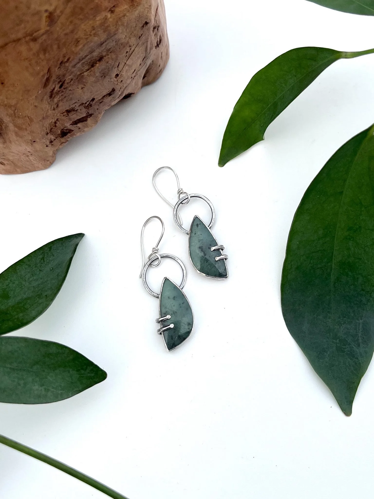 Nephrite Jade set in .925 Silver, Oxidized, Hand Fabricated, OOAK, Earrings