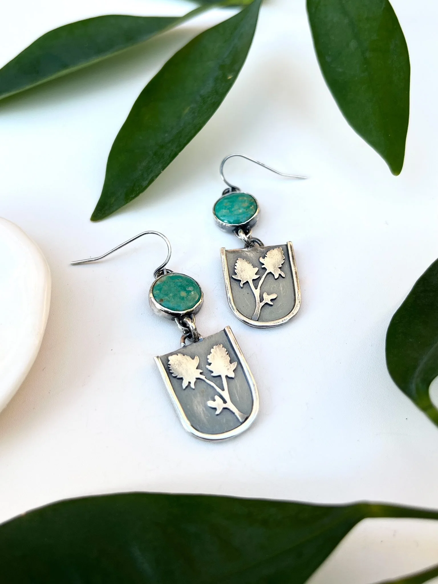 Clover Drop Earrings, Oxidized .925 Silver, Stabilized Sonoran Gem Turquoise