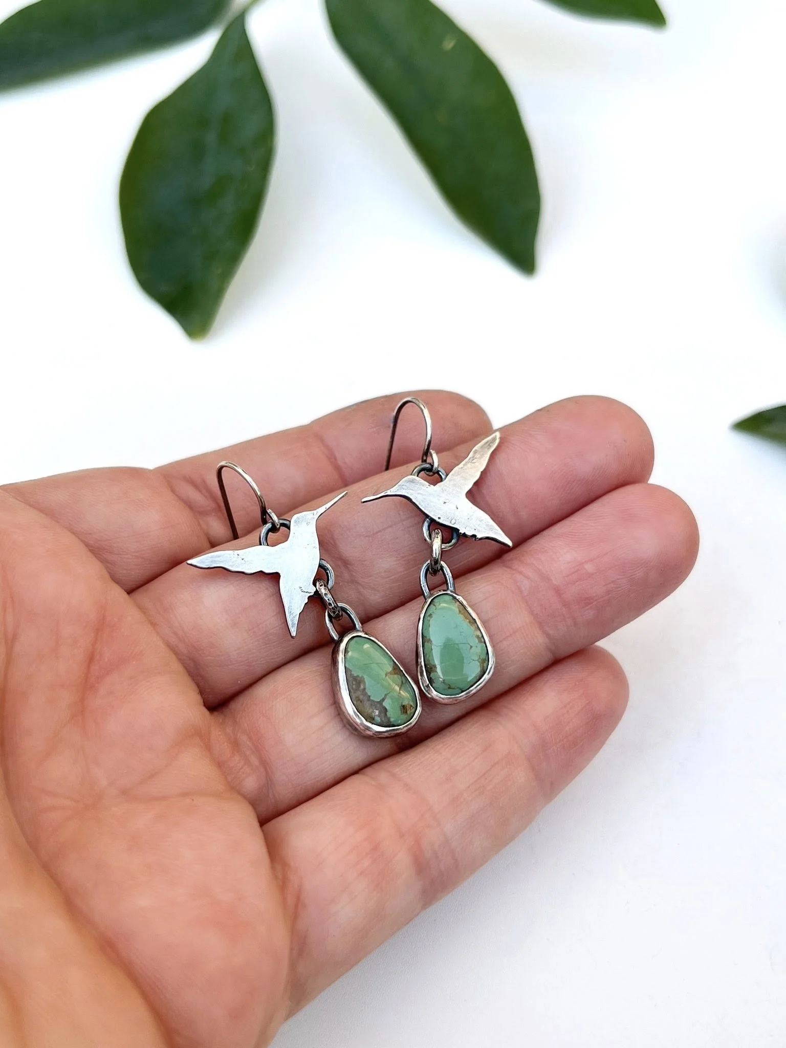Hummingbird Earrings, Oxidized .925 Silver, Stabilized Sonoran Gem Turquoise