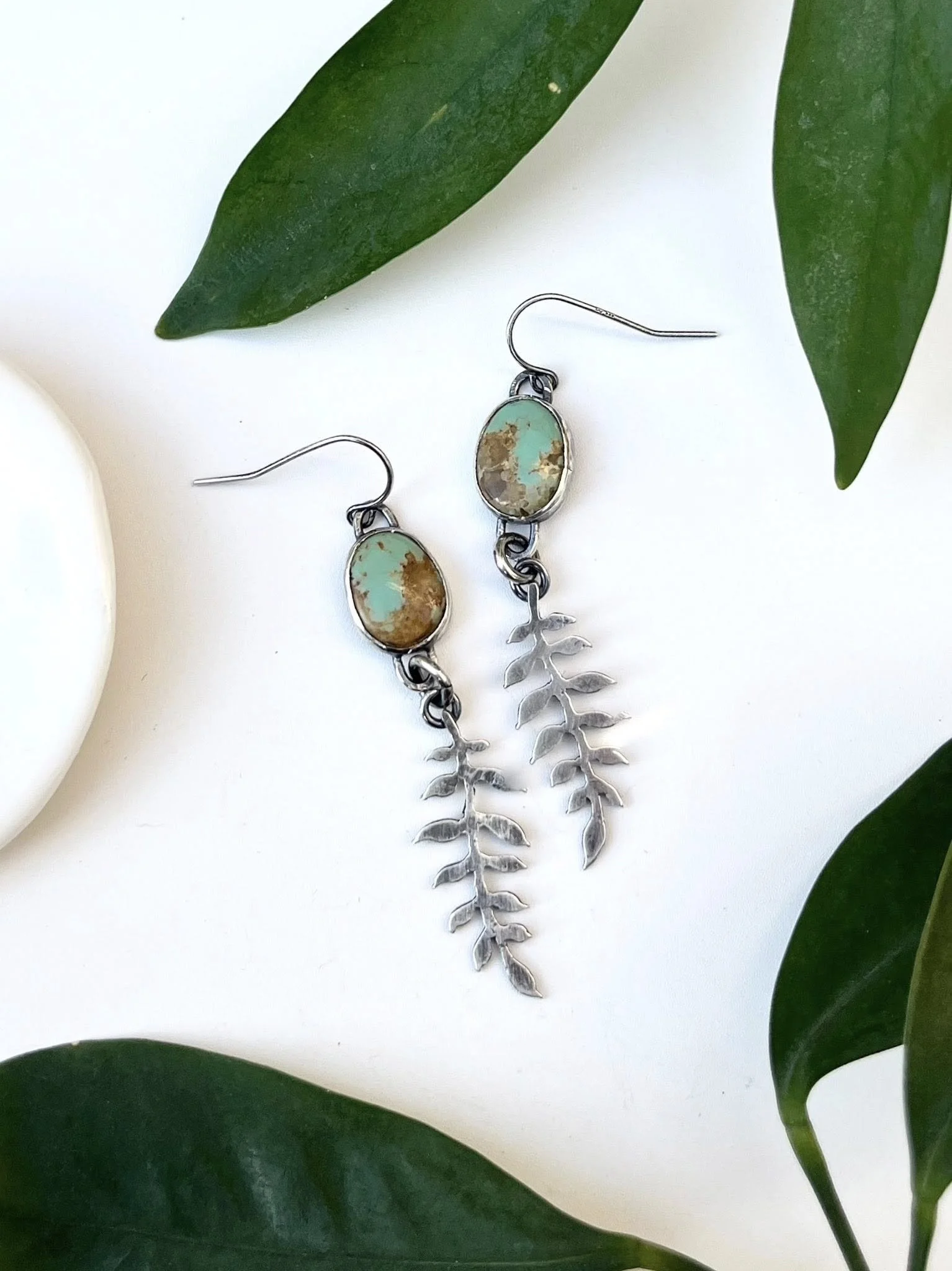 Fern Earrings, Oxidized .925 Silver, Stabilized Sonoran Gem Turquoise