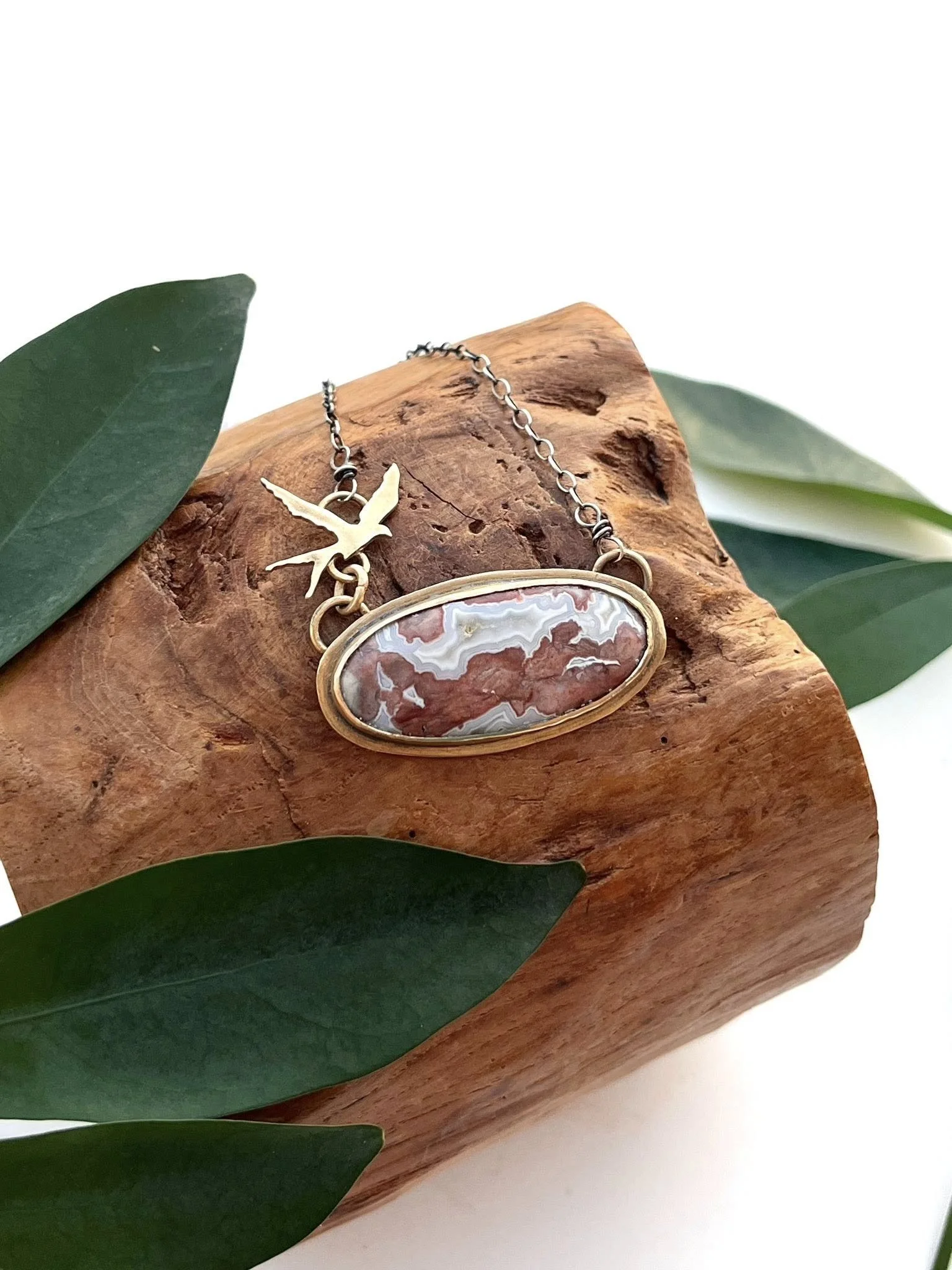 Crazy Laced Agate set in Brass, Swallow Bird, Oxidized .925 Silver Chain, Hand Fabricated, OOAK, Necklace