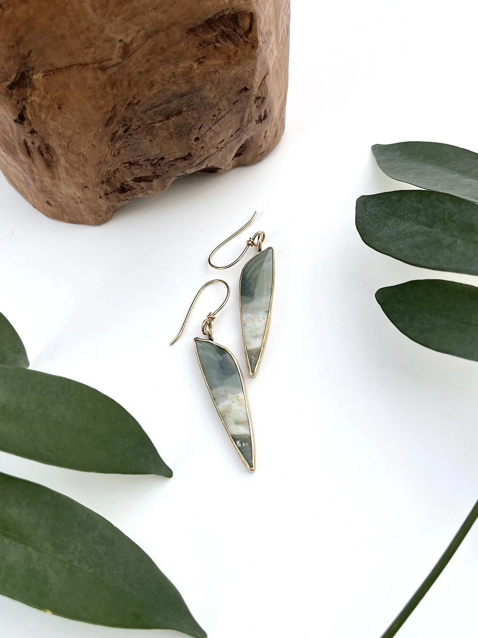 Green Indonesian Jasper Set in Brass, Hand Fabricated, OOAK, Earrings