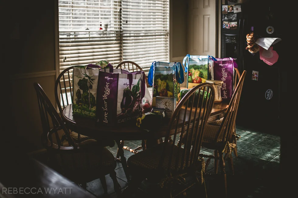 Groceries in window light.