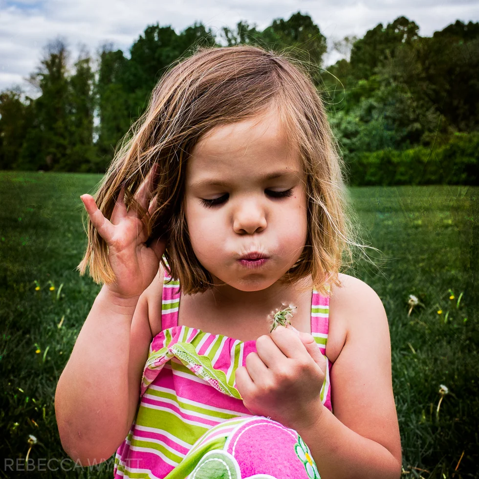 Girl in a field blowing dandelions.