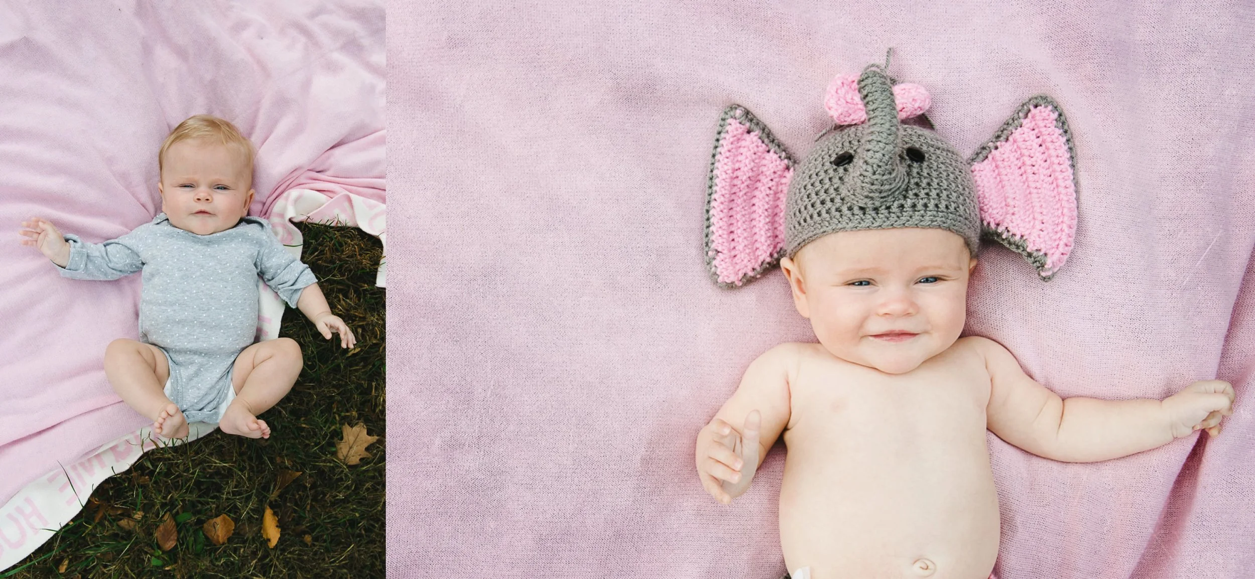 baby girl laying on the ground on pink blanket in elephant hat