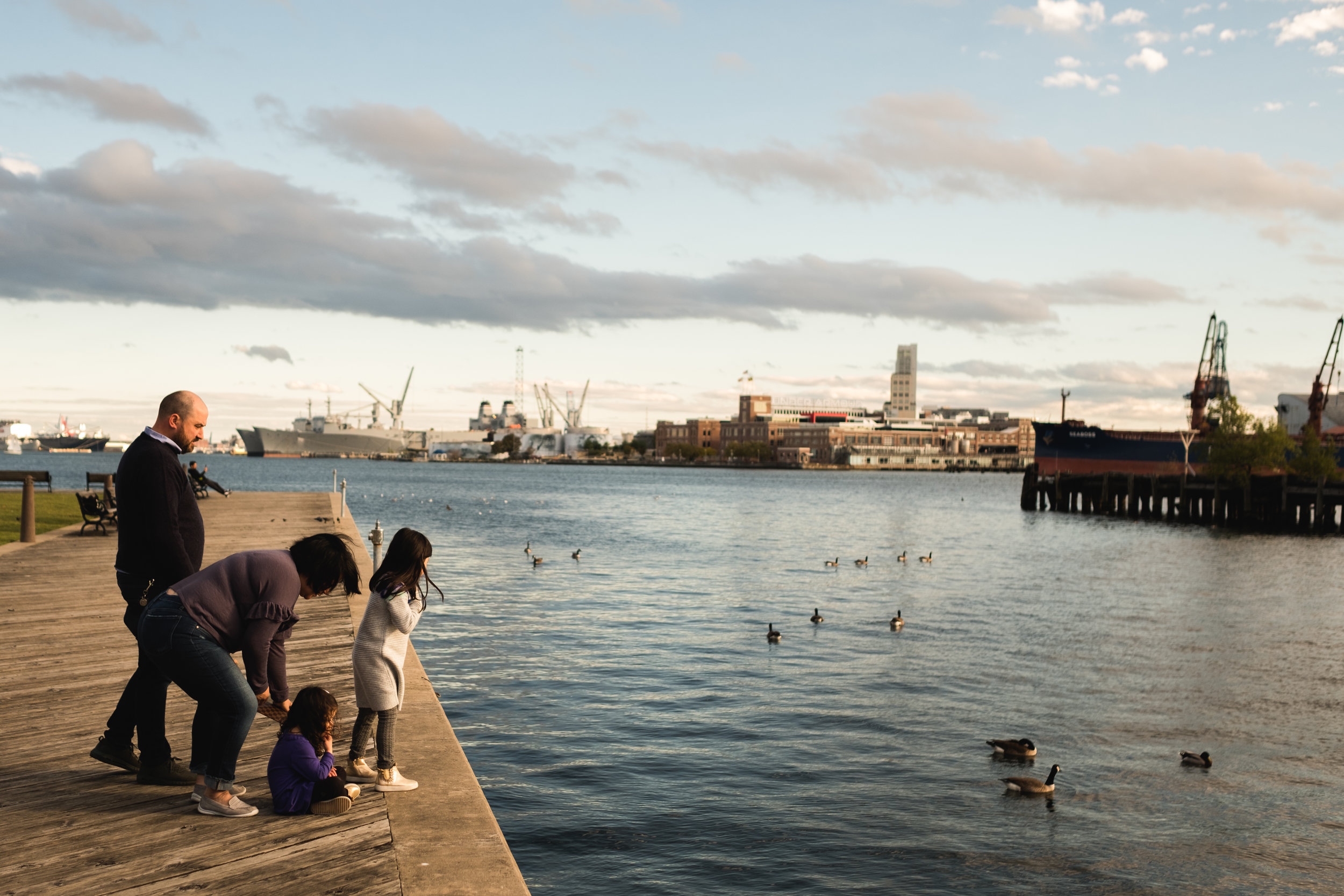 family plays with ducks by Baltimore Harbor