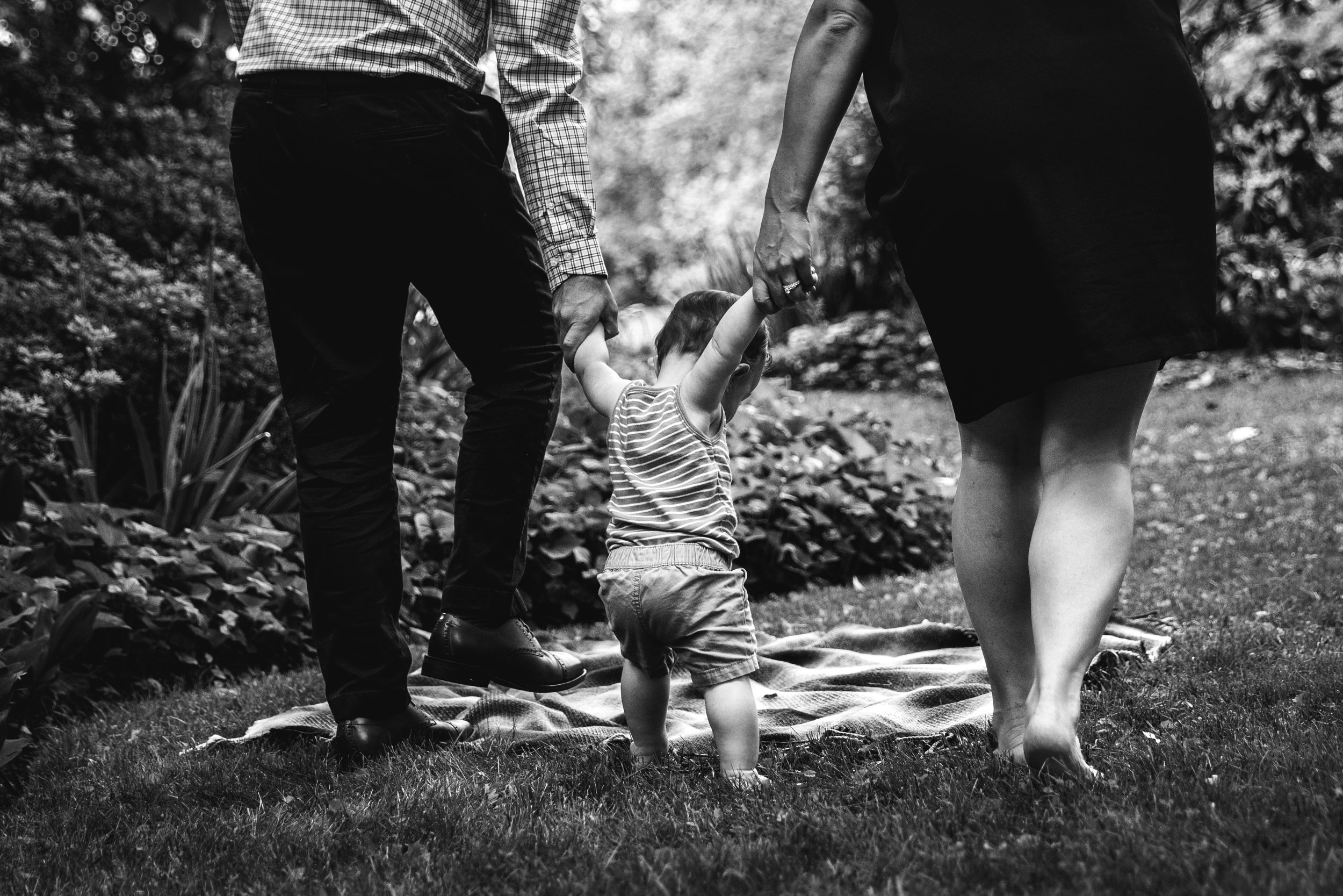 black and white photo of parents helping young toddler son walk on grass by holding his hand