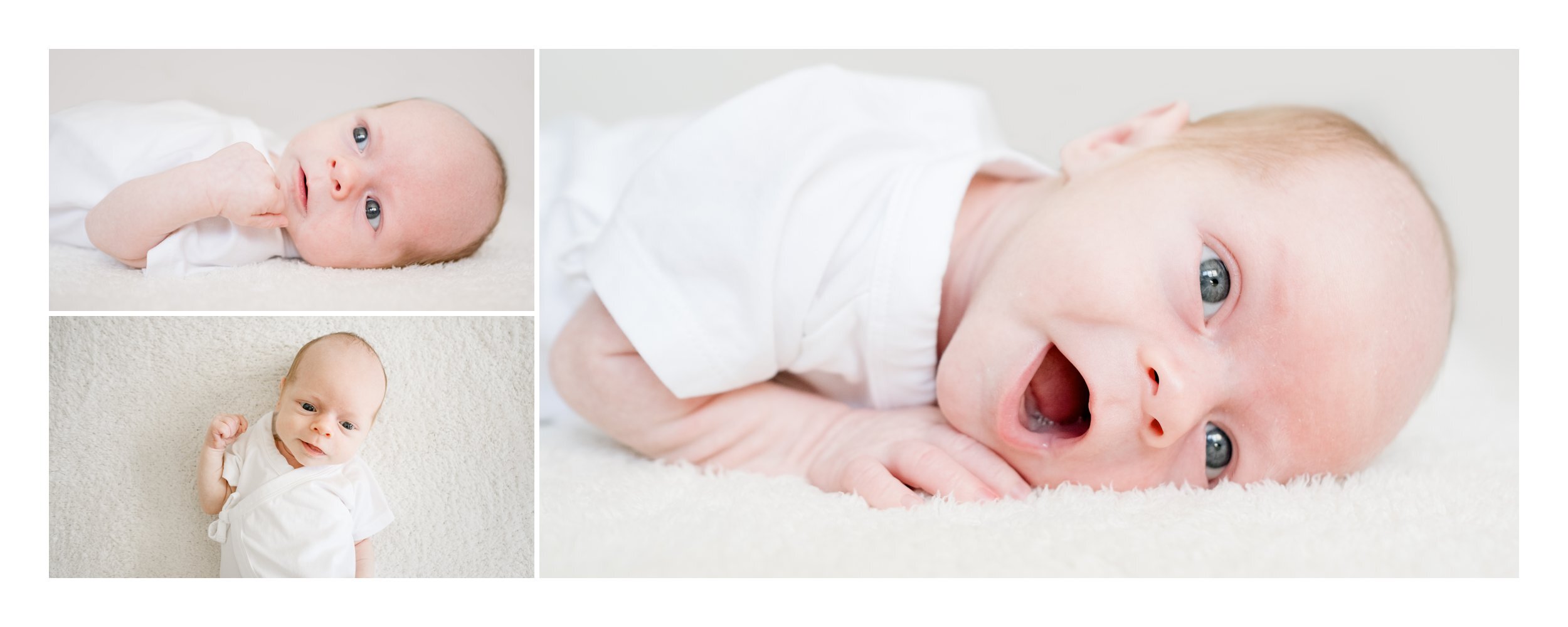up close photograph portraits of newborn baby boy in white onesie on blanket in family home