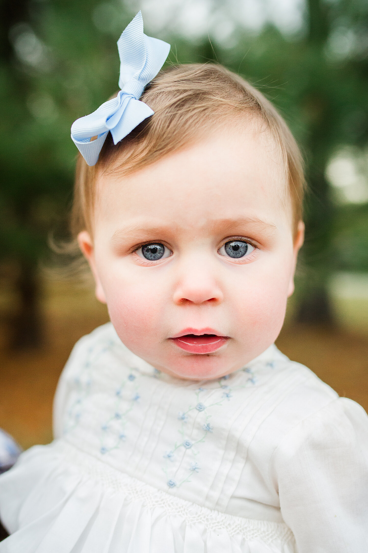 outdoor photograph of blonde hair blue eyed toddler girl wearing white dress at Hampton Mansion