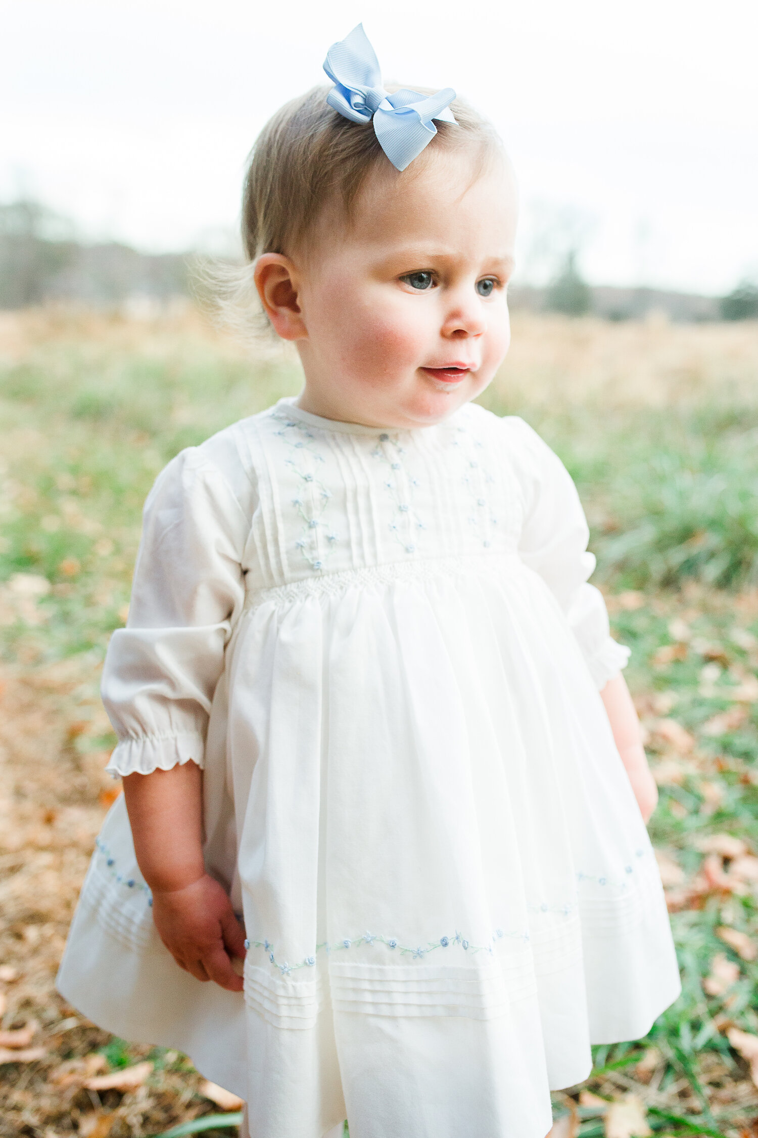 portrait of toddler girl in white dress standing in field