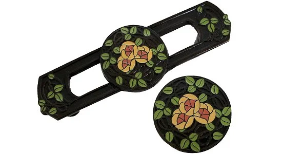 Delaney’s Rose<BR>Dark Brass/Yellow Coral Flower Set<BR>NHP-671-DB-D Pull<BR>NHK-171-DB-D Knob<BR>Also available in Ant. Pewter/Blue, Dark Brass/Yellow, & Dark Brass/Rose