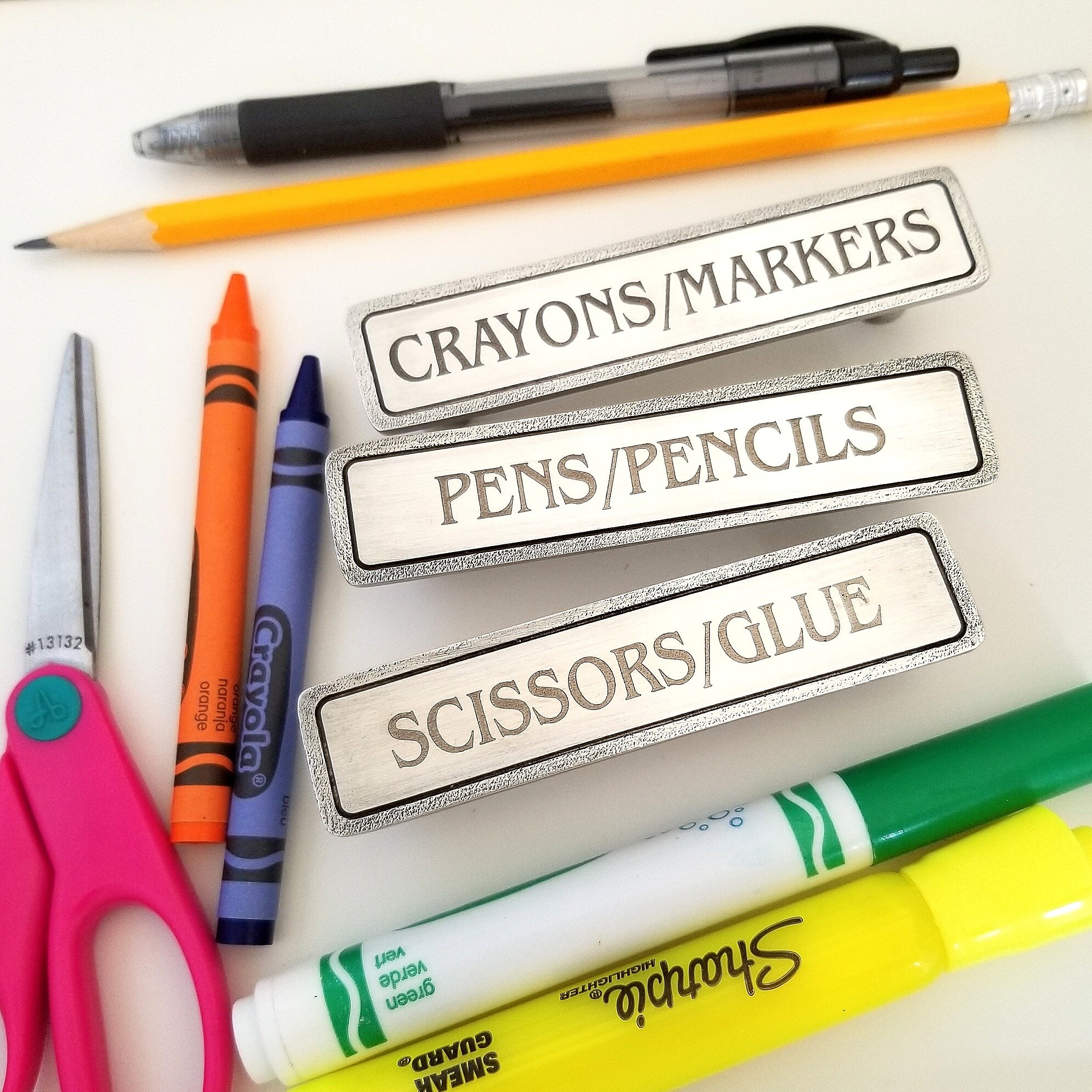 School-at-home organization with custom engraved pulls