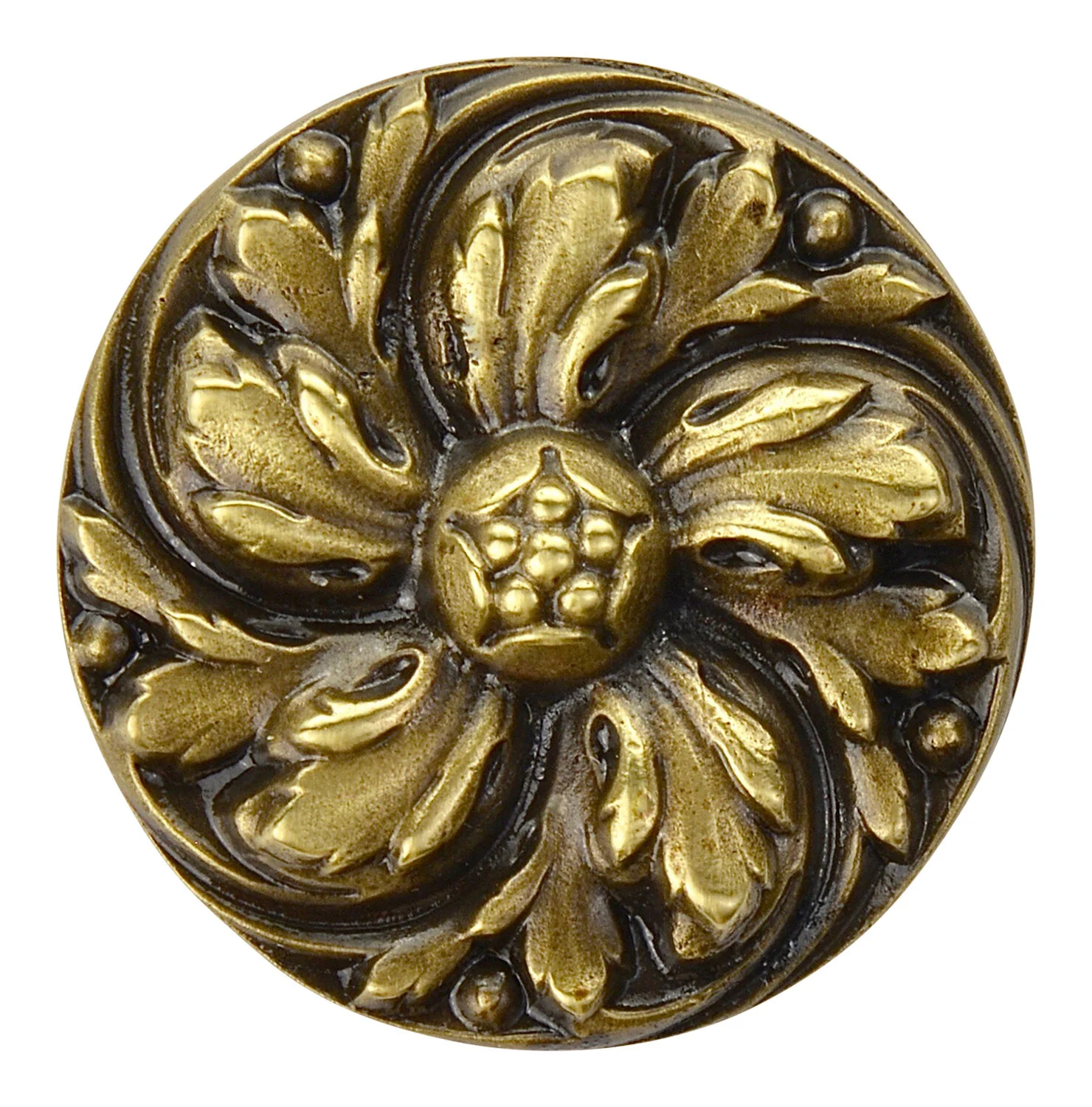 NHK-100-AB<BR>Chrysanthemum<BR>Antique Brass<BR>1-3/8" diameter<BR>Projection: 7/8"