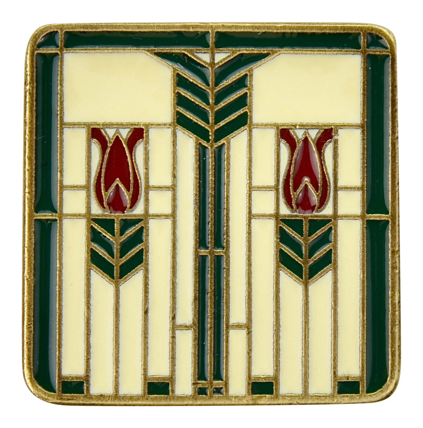 NHK-117-AB-C<BR>Prairie Tulips<BR>Antique Brass/Evergreen<BR>1-1/4" square<BR>Projection: 7/8"