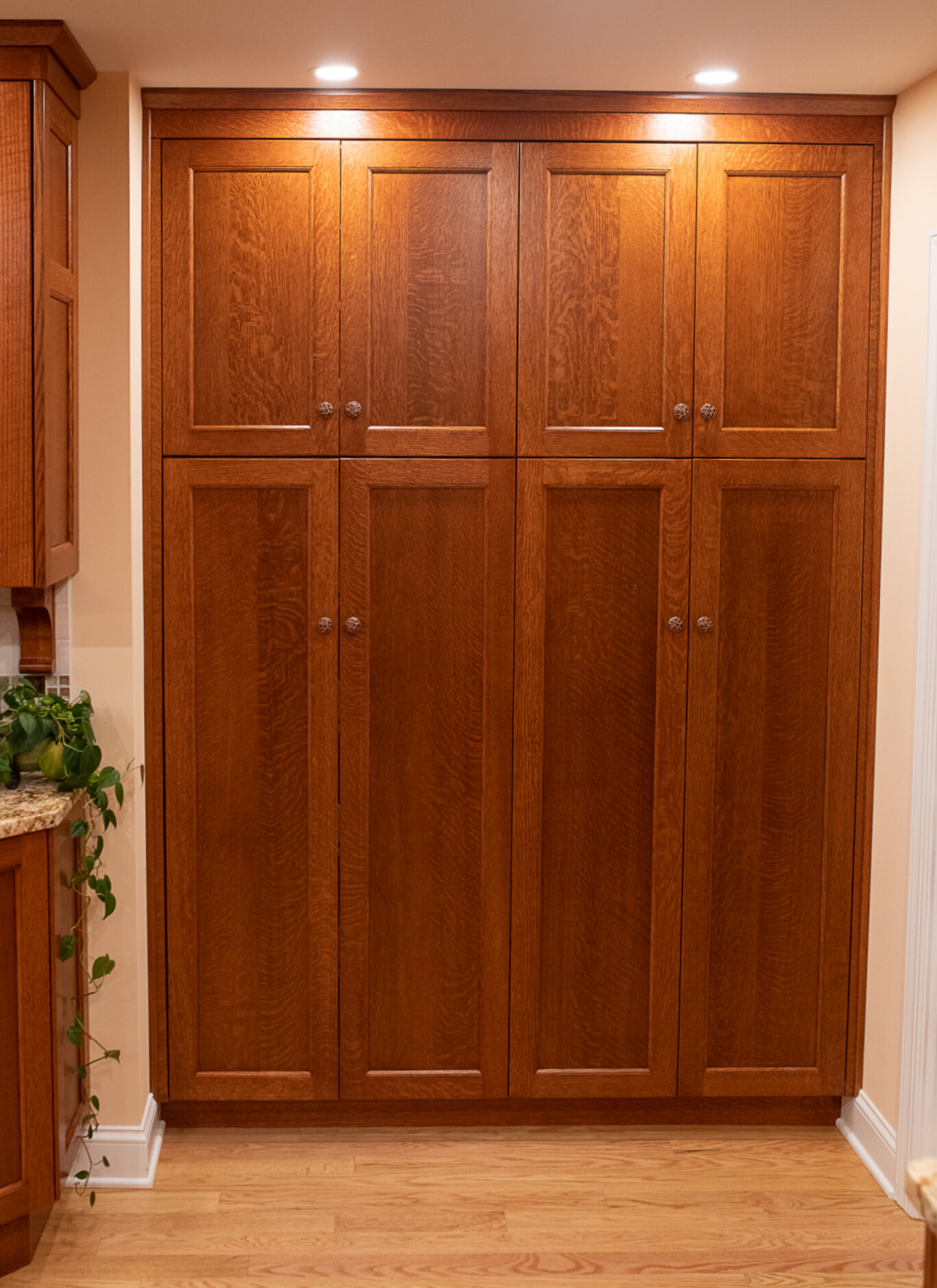 Double door pantries with pull out shelves provide plenty of storage.