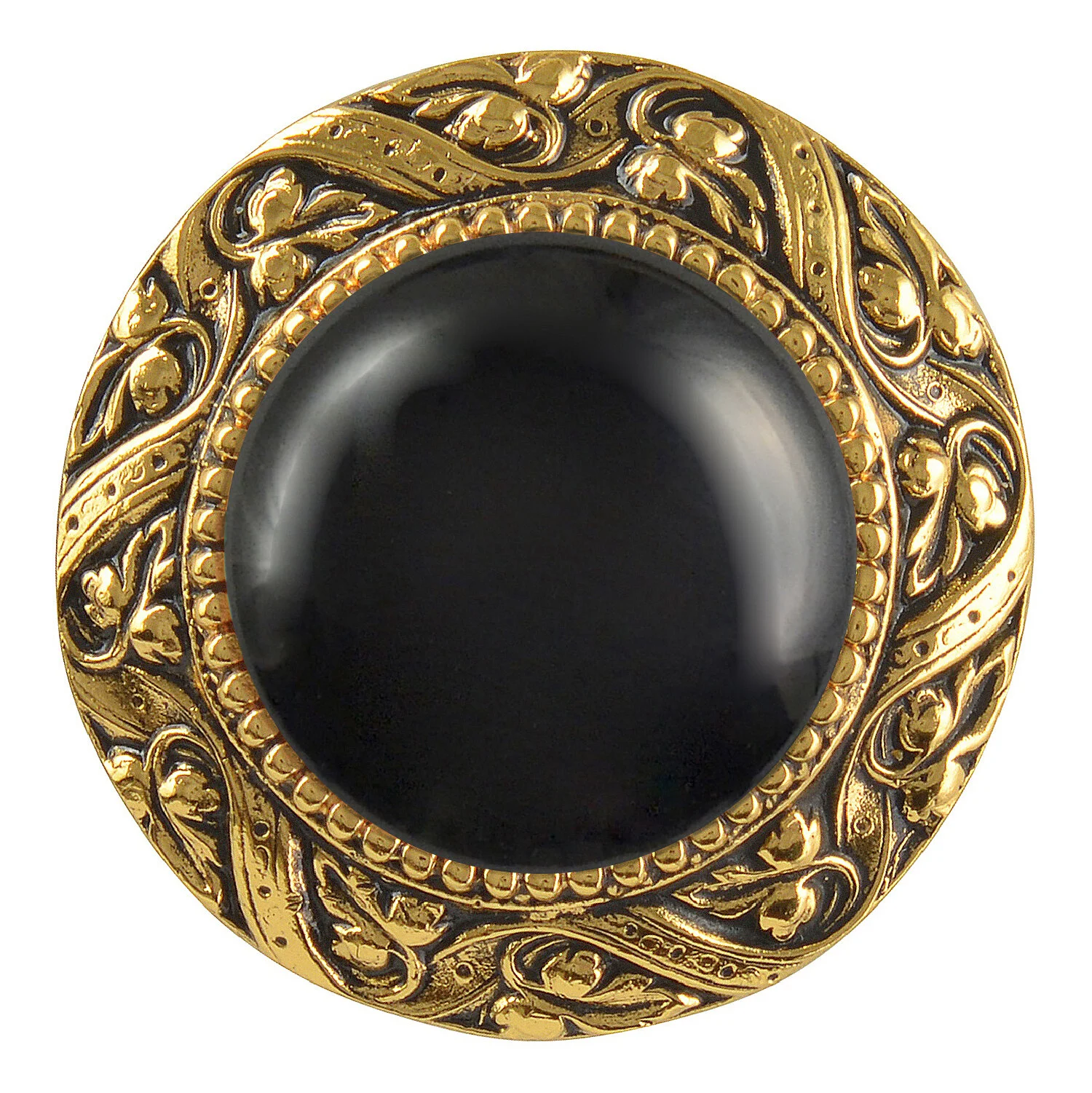 NHK-124-G-O<BR>Victorian Jewel<BR>24K Gold Plate<BR>Onyx natural stone<BR>1-5/16" diameter<BR>Projection: 1-1/4"