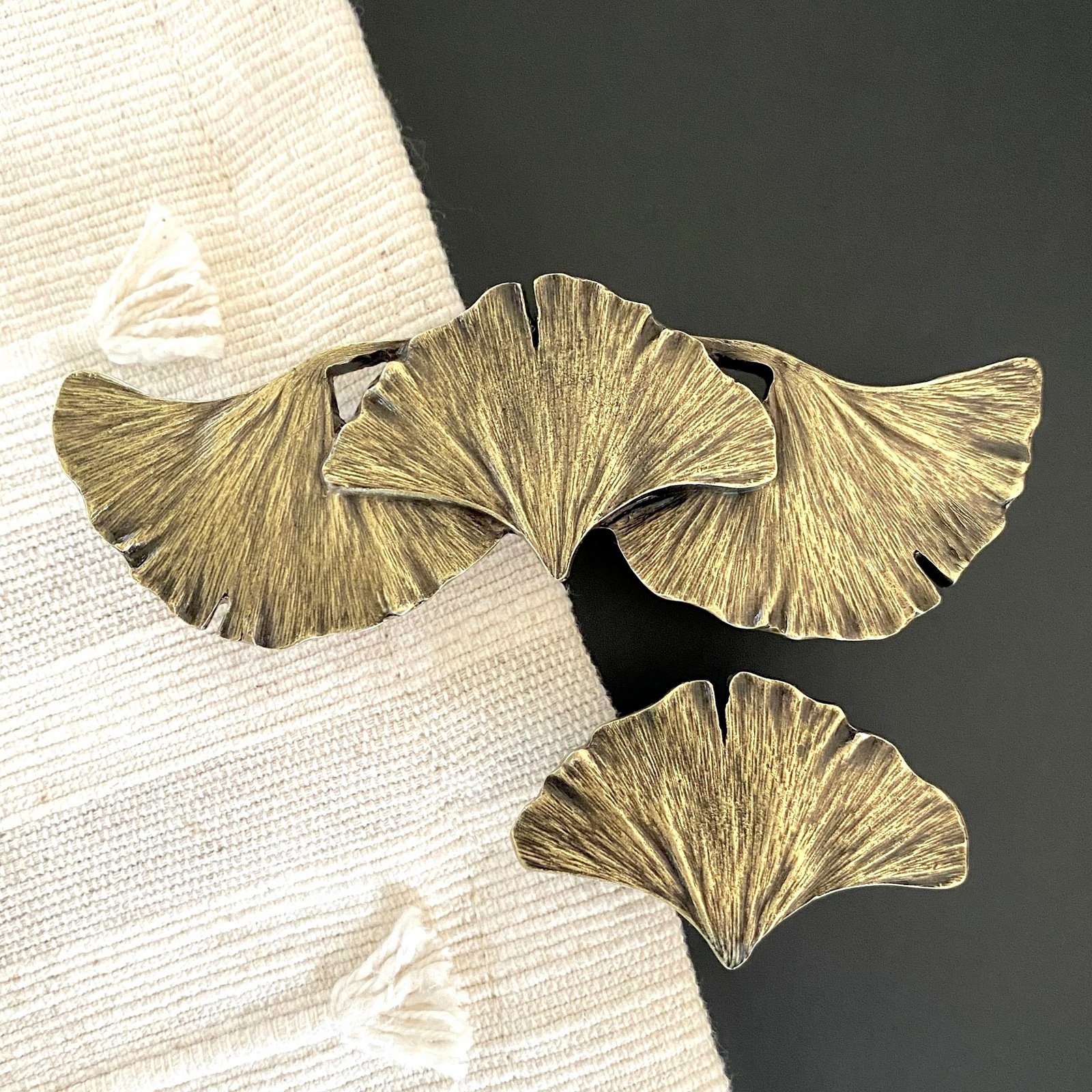 4 Ginkgo Leaf knob and pull in Antique Brass finish. Handmade in USA by Notting Hill Decorative Hardware..jpg