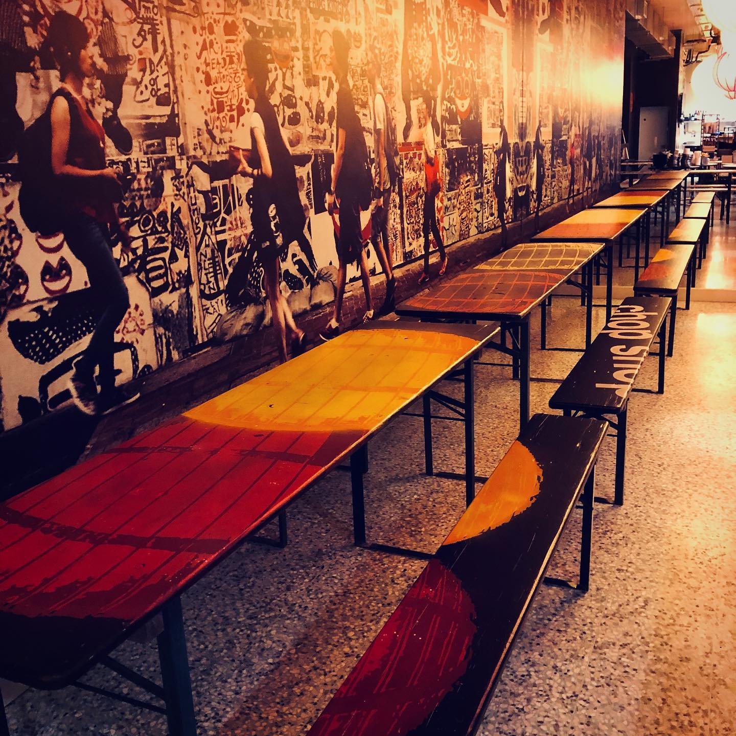 Bespoke and damn cool painted tables and benches, by team @chalkandcheesedesign @chopshope20 @vvanguarde20 @companyofcooks
