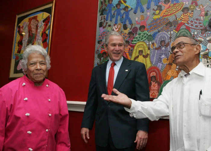 President George W. Bush visits the restored Dooky Chase Restaurant in 2008 with Leah Chase, left, and Dooky Chase, right. JOYCE N. BOGHOSIAN / THE WHITE HOUSE