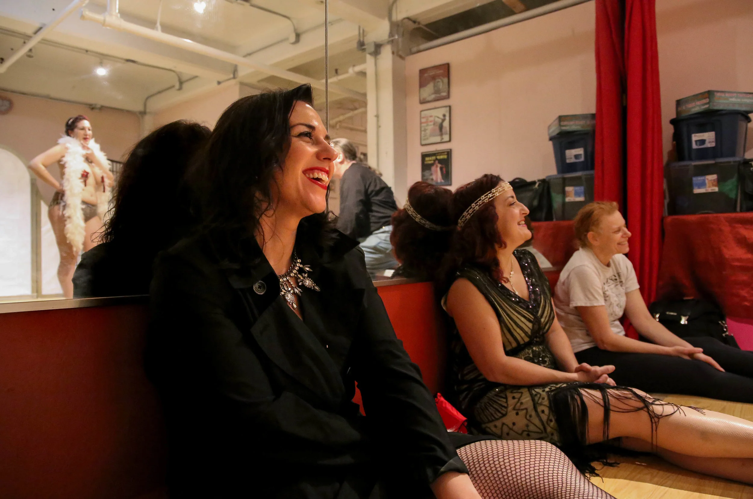 Amy Brooks (second from left) listens to the Stacey Rizoli’s (left) feedback from instructors during the final “Burlesque Your Way” class on Oct. 6, 2016 in Allston, Mass. “I liked that it celebrated women and who we are right now, not who we’re trying to be,” Brooks said describing the class.
