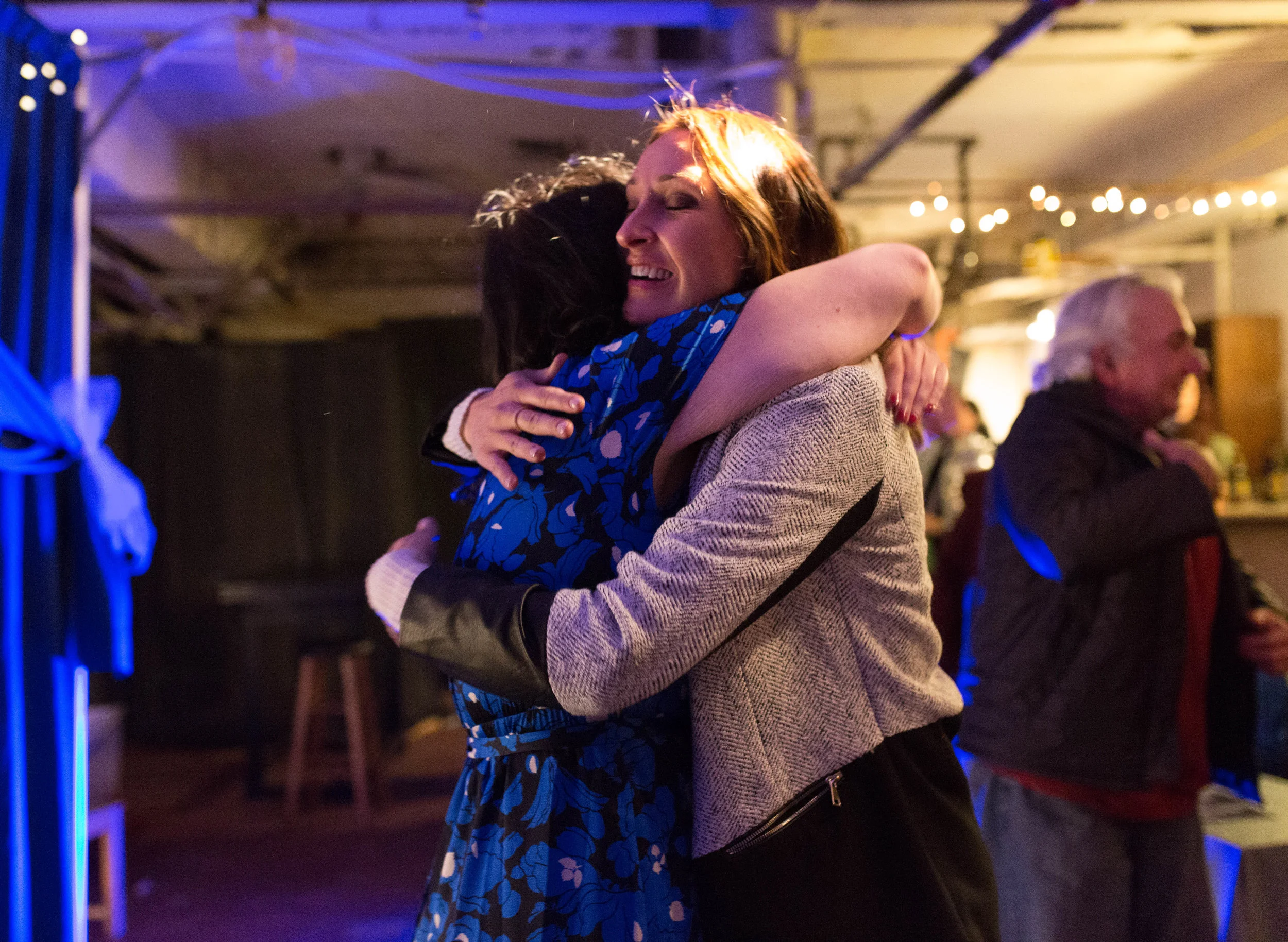 Amy Brooks (left) and Kristin Schroeder (right) embrace after the end of the Boston Academy of Burlesque Education student showcase on Nov. 6, 2016 in Cambridge, Mass. Schroeder, Brook’s best friend, flew in from Minneapolis to see her perform. “She was in really abusive, manipulative relationships...and she doesn’t put up with that crap anymore, and she’s starting to date guys that are worthy of her,” Schroeder said.