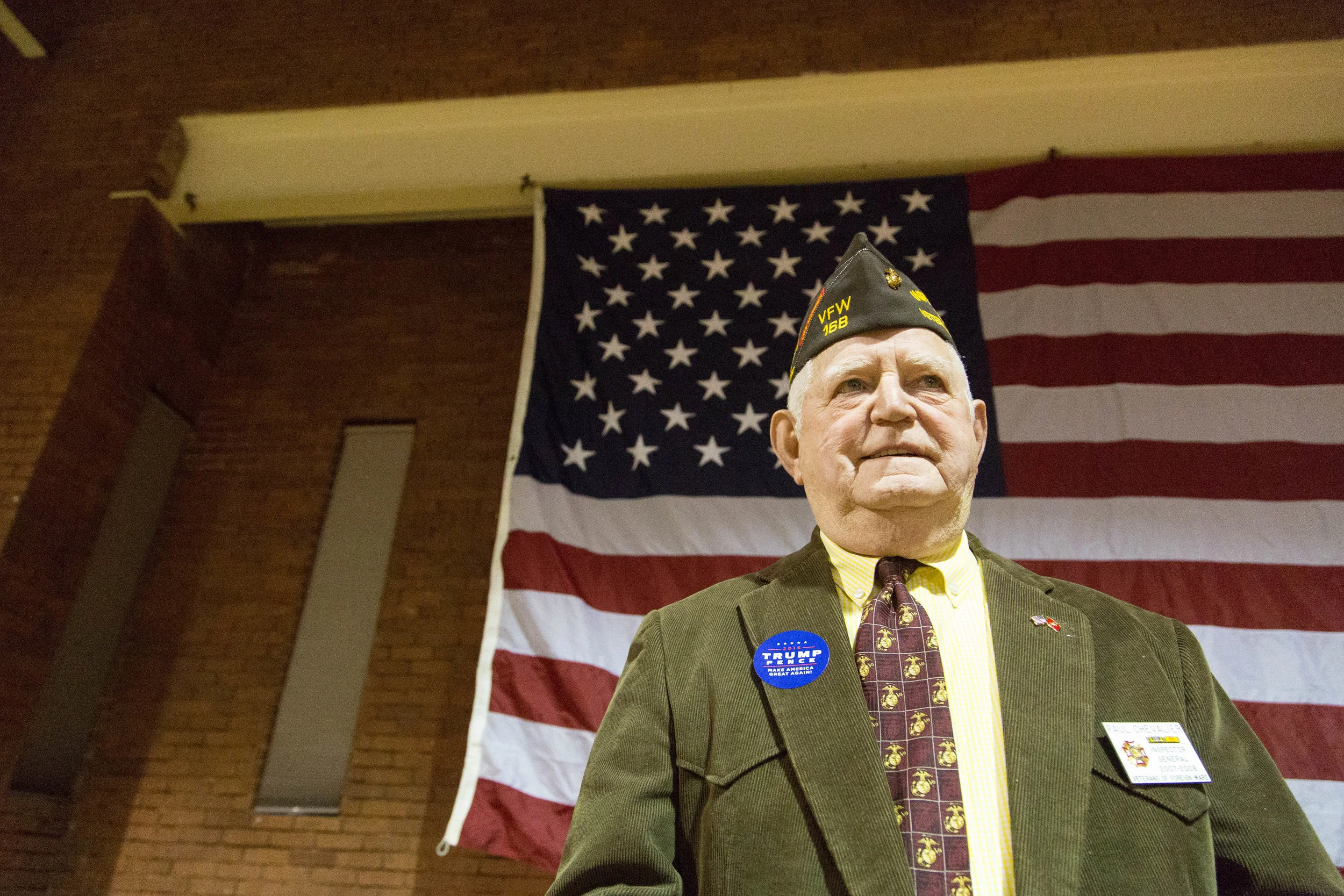 Paul Chevalier, 79, of Hudson, N.H. poses for a portrait before the start of the “Donald J. Trump for President Rally.” Chevalier served in the Marine Corps for 31 years, and in the Vietnam War three times. 
