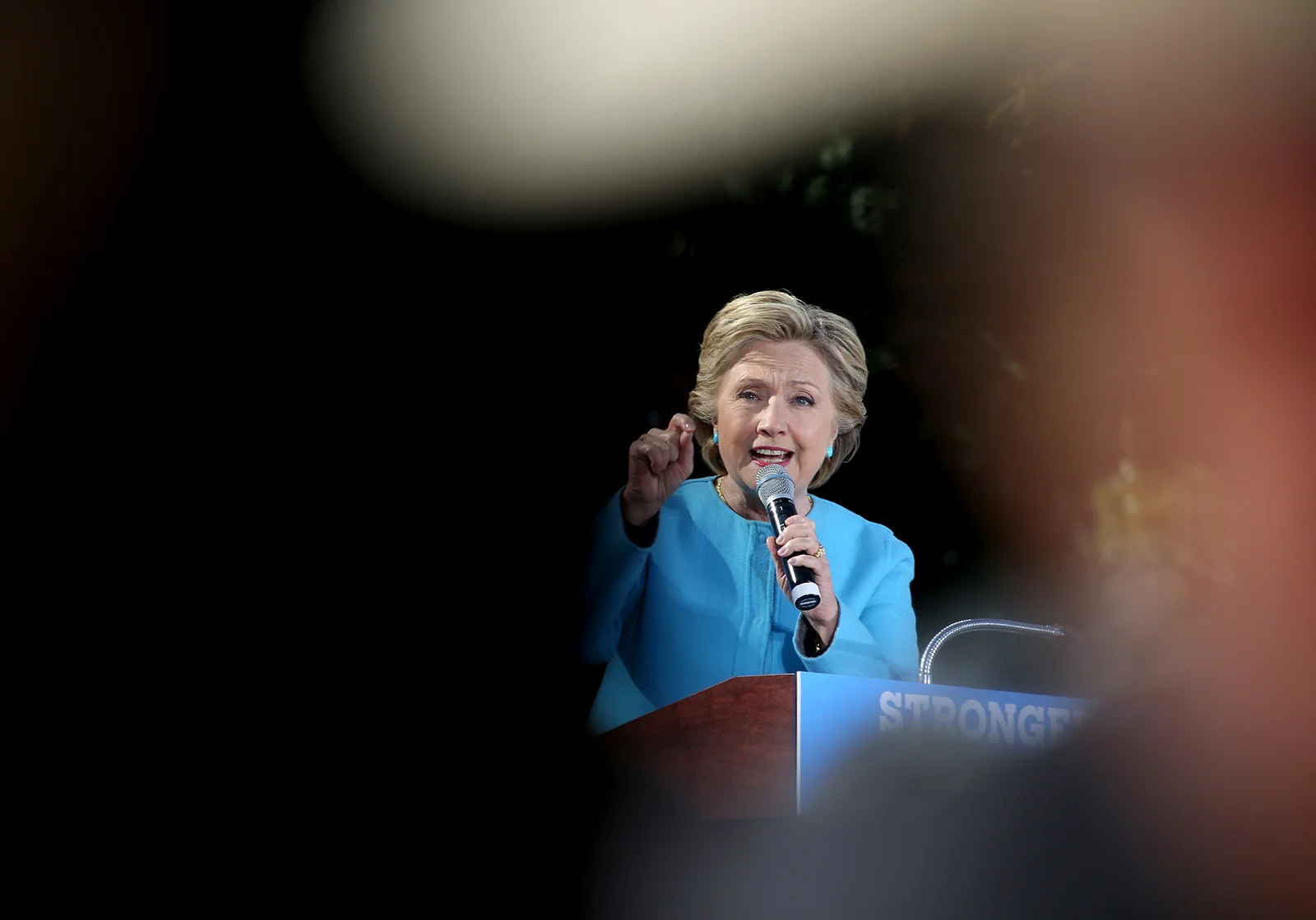 Democratic presidential candidate Hillary Clinton addresses the crowd during a campaign rally in Manchester, N.H.