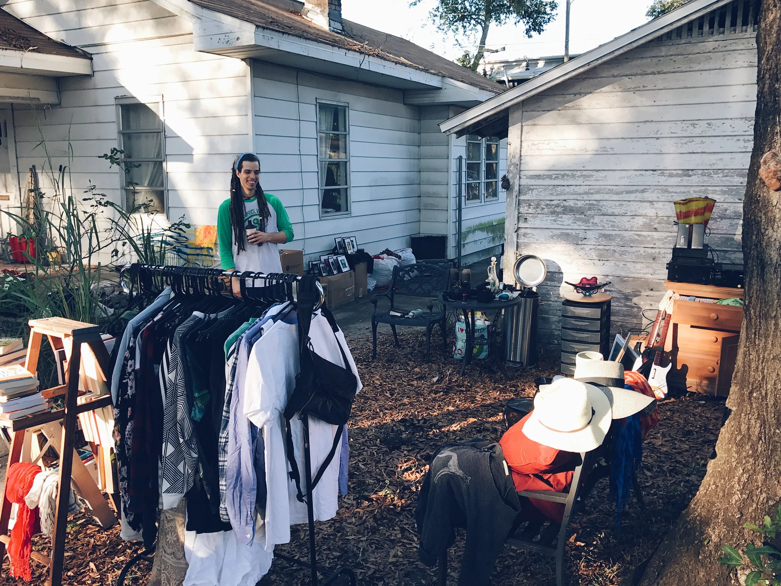 When we downsized about 80% of our possessions at a co-op yard sale.
