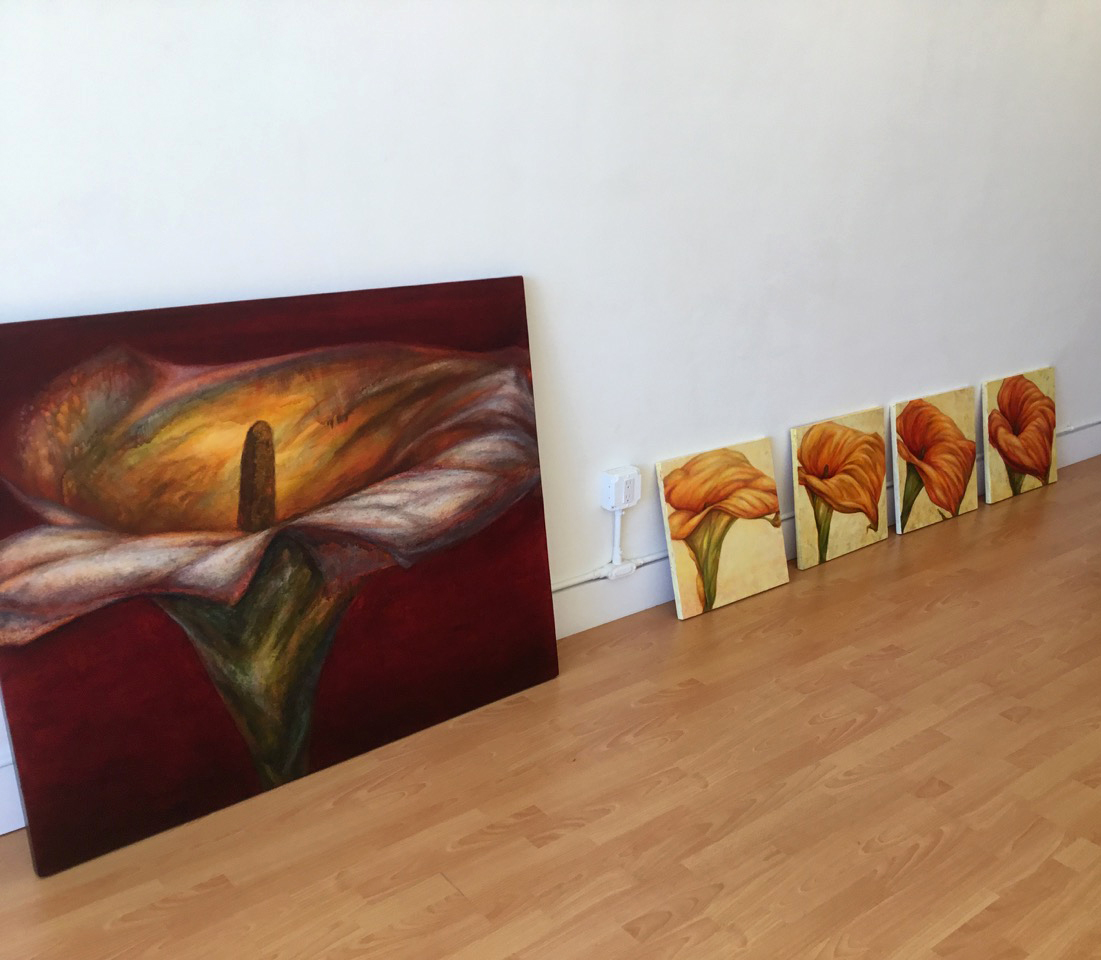 Rebecca Alex's "Crucible" and 4 “Eclipse” paintings of a lily unfolding