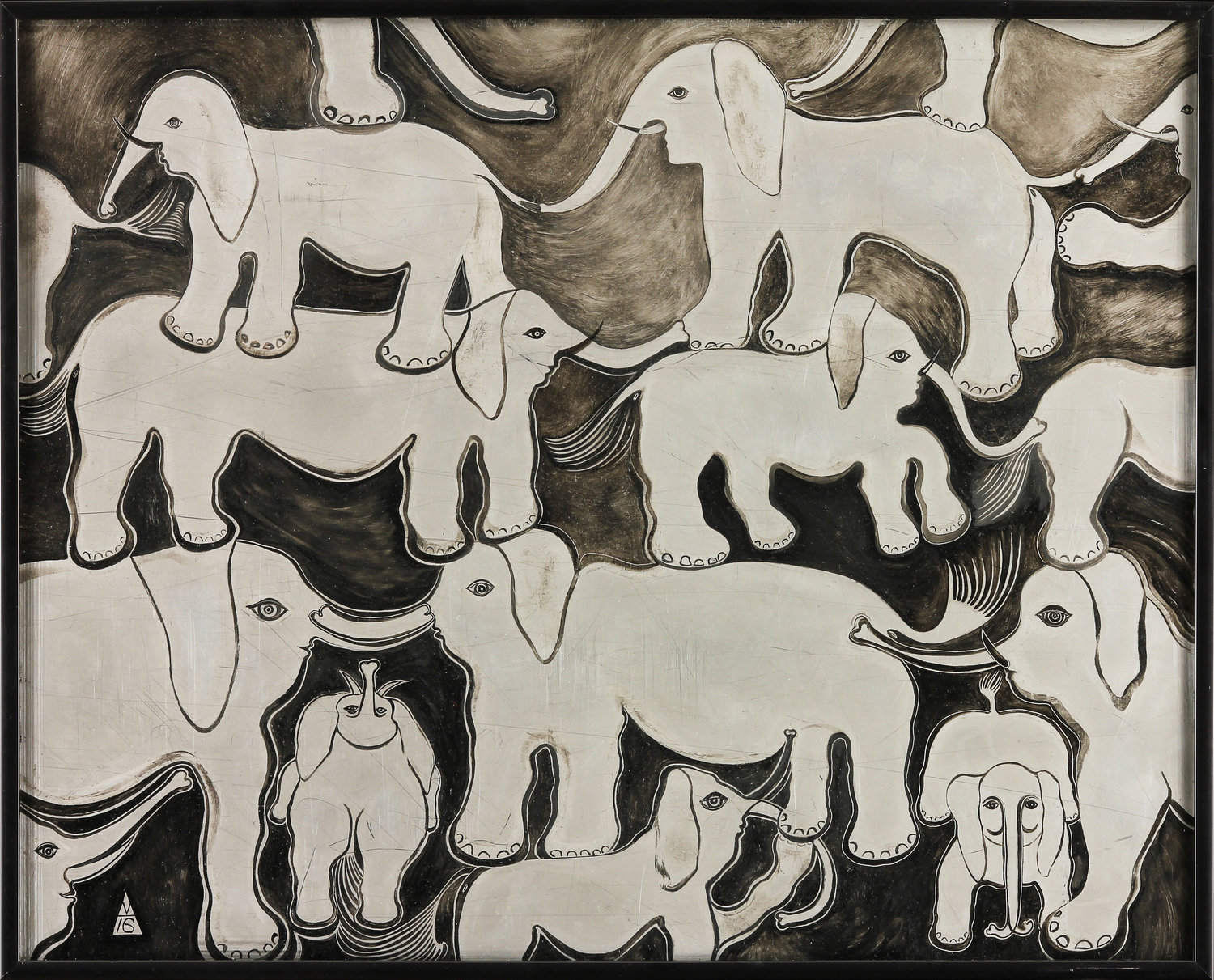 Elephants oil on stainless steel 18.5" x 20"