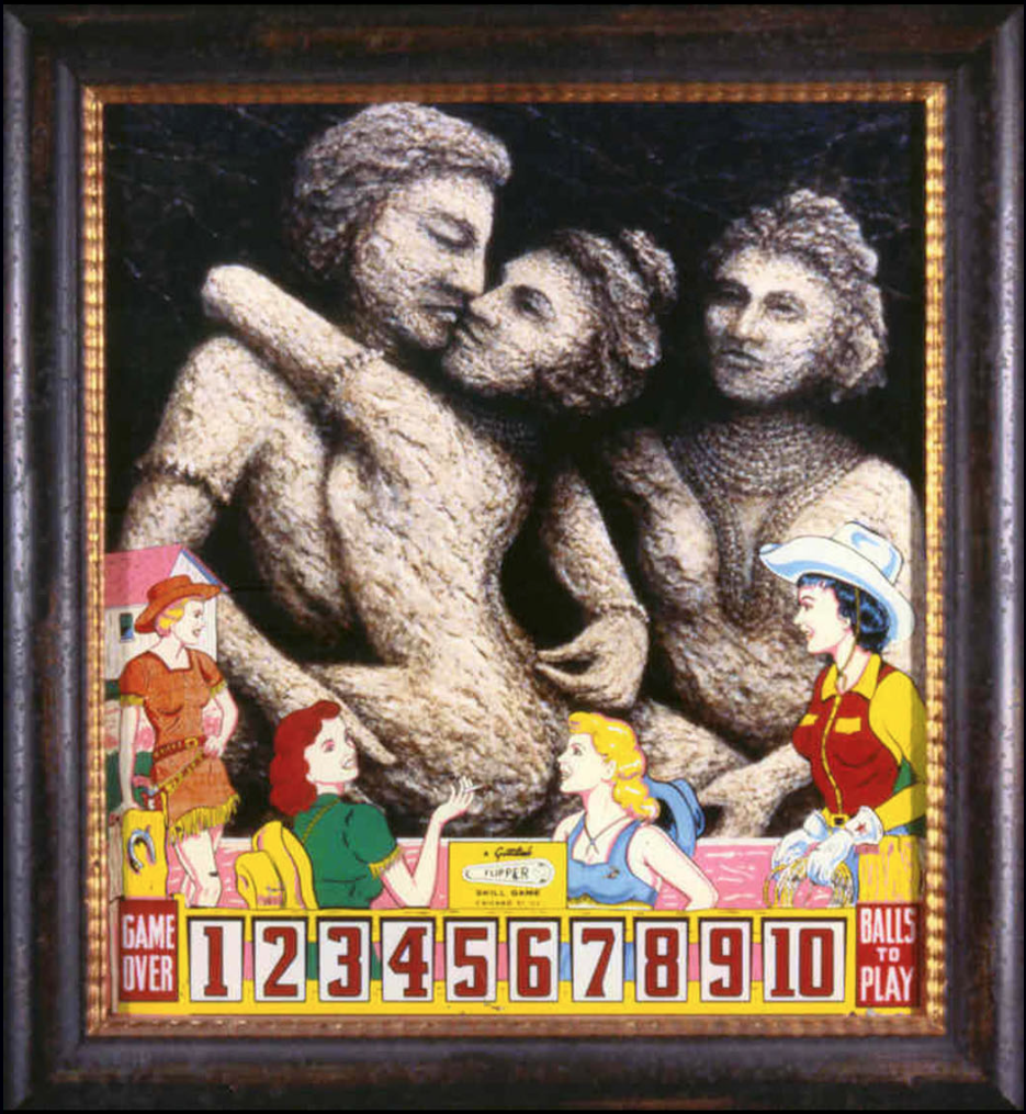 COWGIRLS AND INDIANS AT THE OK CORRAL (glass from pinball machine over photograph)