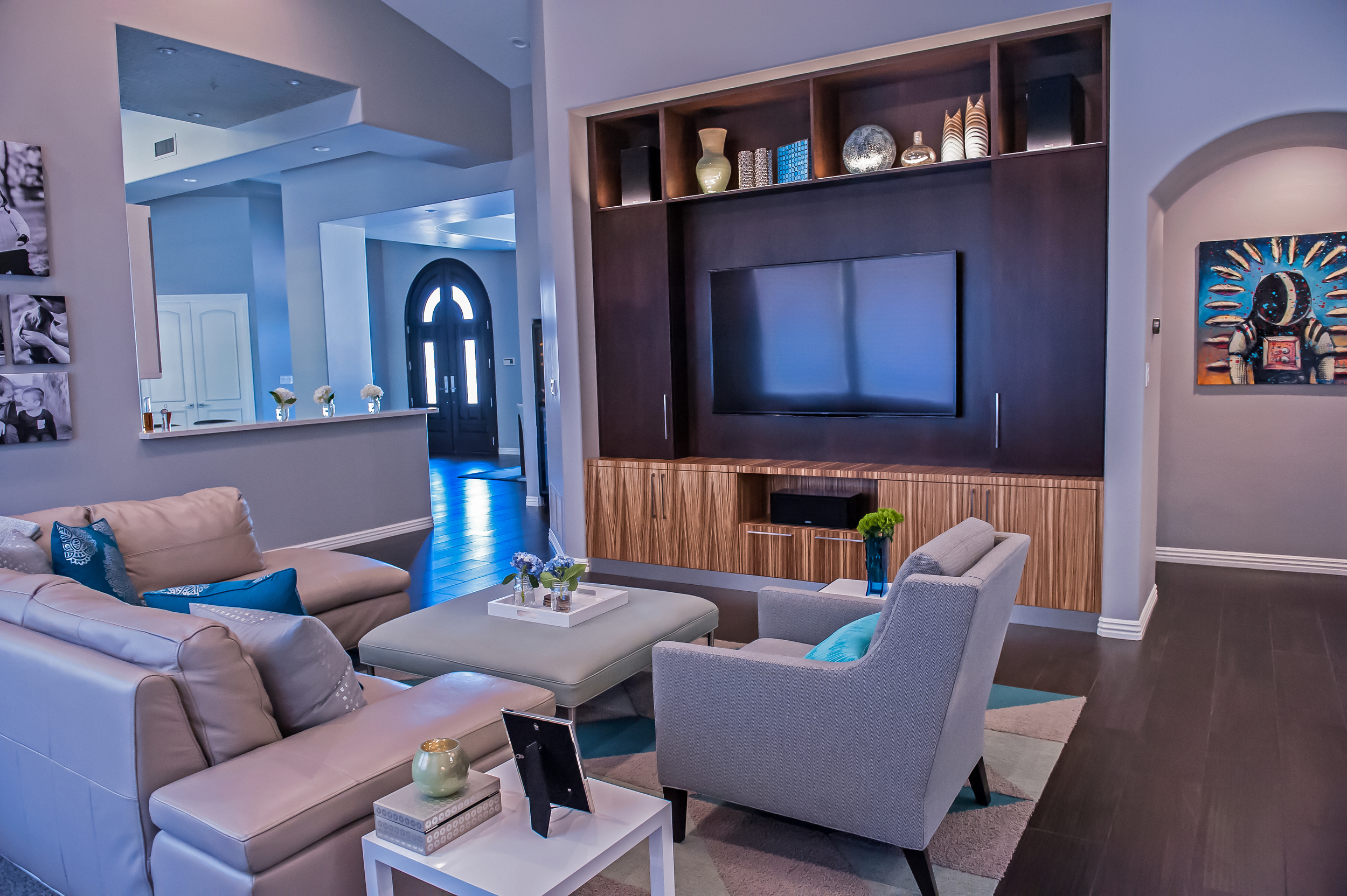 After, Modern Family Room with Custom Built-in Entertainment Center
