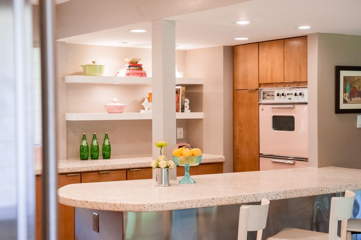 Retro Kitchen Design with Pink Tile and Appliances