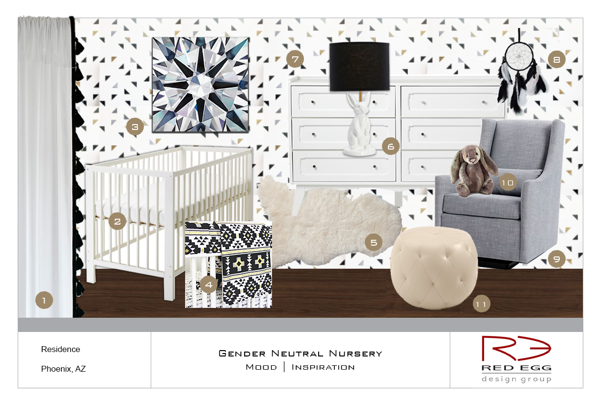 Get the look: 1. Curtain Panels | 2. Crib | 3. Angie Crabtree Giclee | 4. Bedding | 5. Sheepskin Rug | 6. Lamp | 7. Dresser | 8. Dream Catcher | 9. Glider | 10. Stuffed Bunny | 11. Ottoman