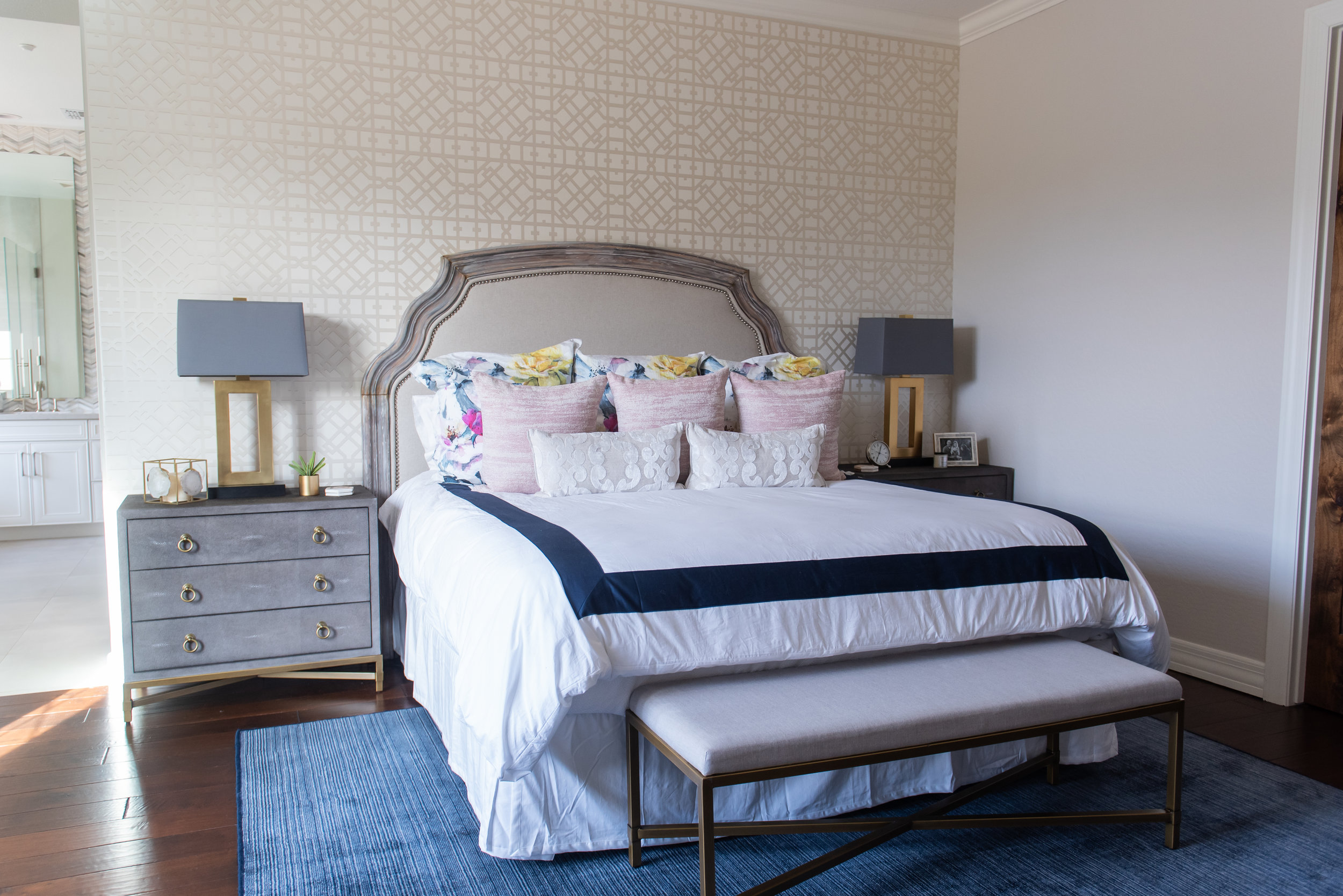 Master bedroom +lamp +nightstand +throw pillows +bedding +wallpaper +headboard +bench.jpg