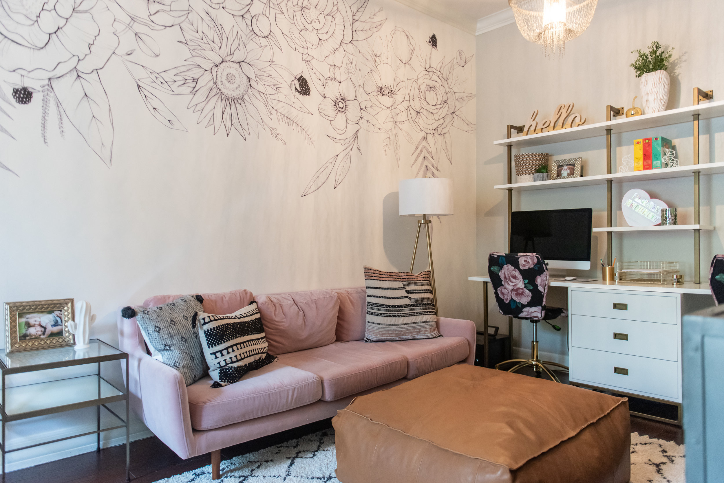 Playroom+ office +velvet +desk +wallpaper +floral +throw-pillow +ottoman .jpg