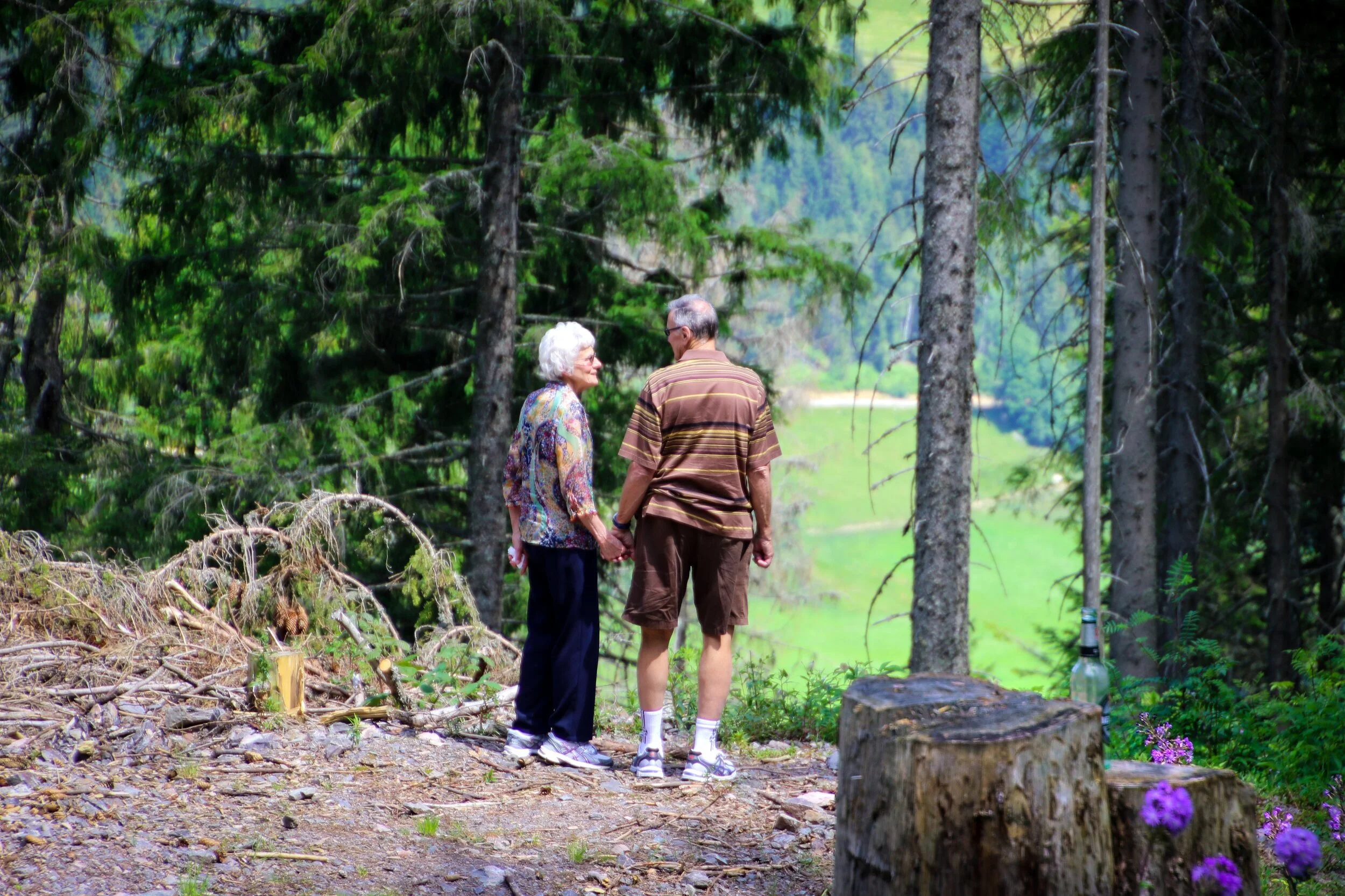 Two seniors having a scenic walk in the forest