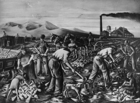 Artwork from History Colorado depicting families working the beet fields.