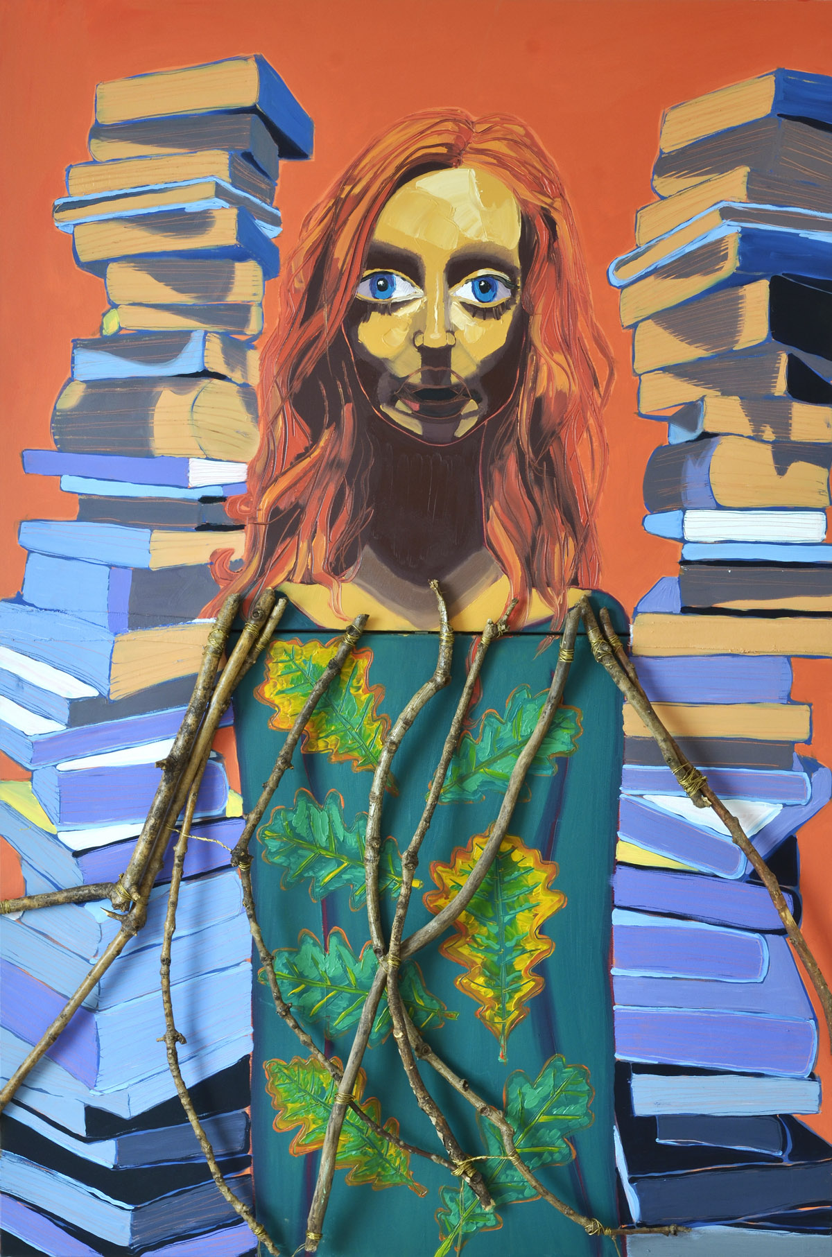   The Librarian (The High Priestess)   2012 oil, copper wire and oak tree branches on canvas 152 x 102cm 