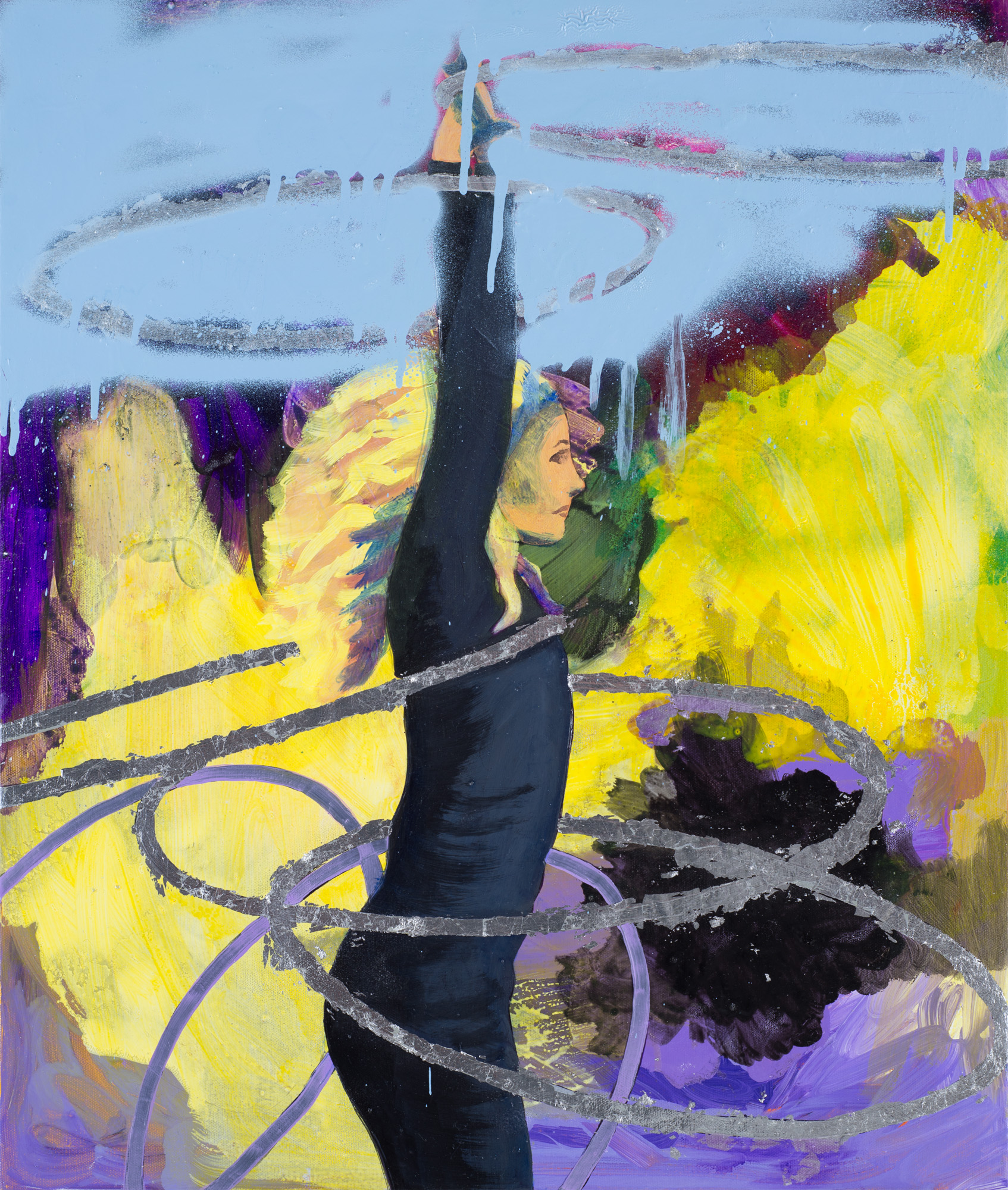   Hoop Dancer study I   2016 oil, spray paint and metal leaf on canvas 61 x 51cm 