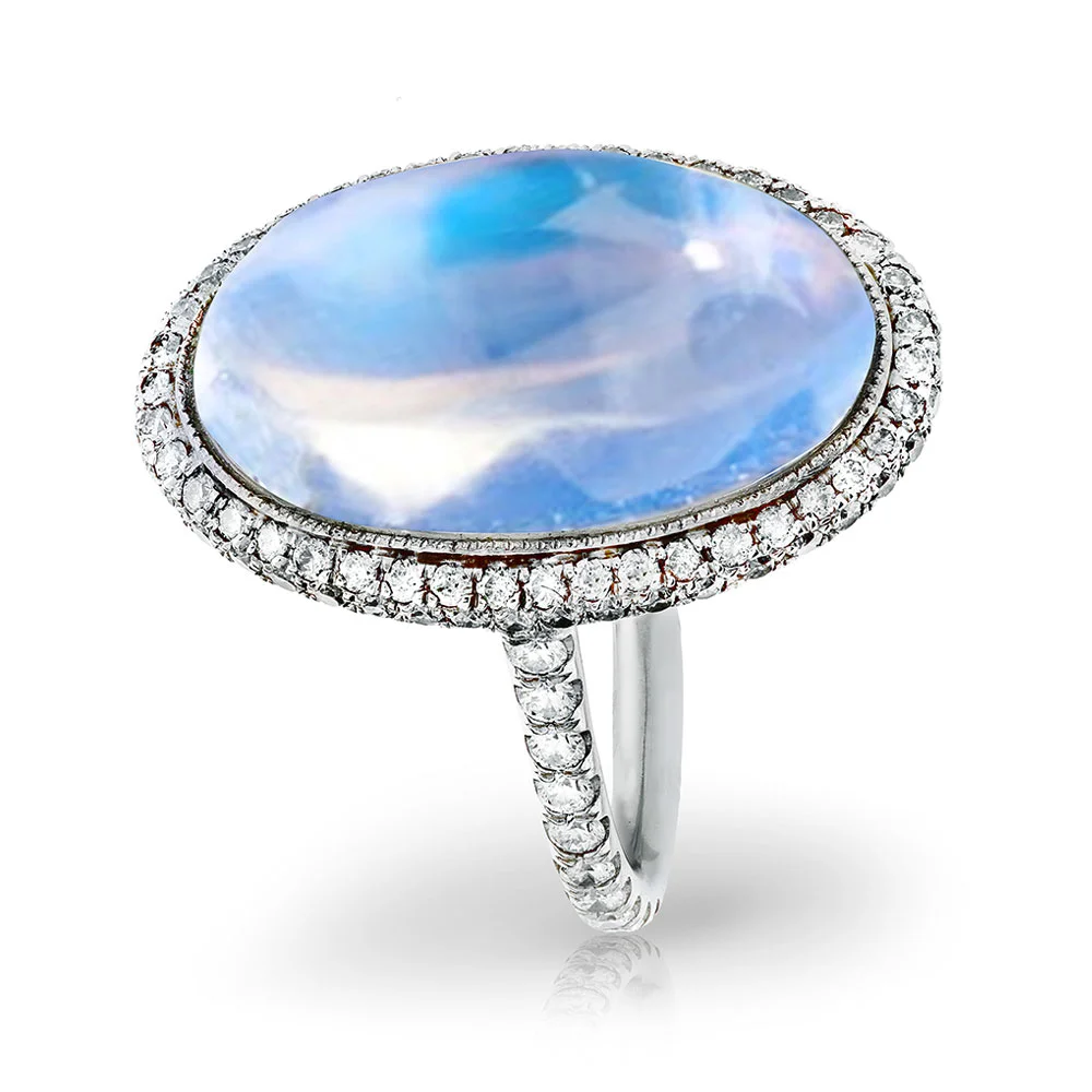 CABOCHON TRANSPARENT BLUE GEM MOONSTONE WITH ANTIQUE CUT DOWN DIAMOND PAVE AND MILGRAIN DETAIL CRAFTED IN PLATINUM, 11.30 CTW