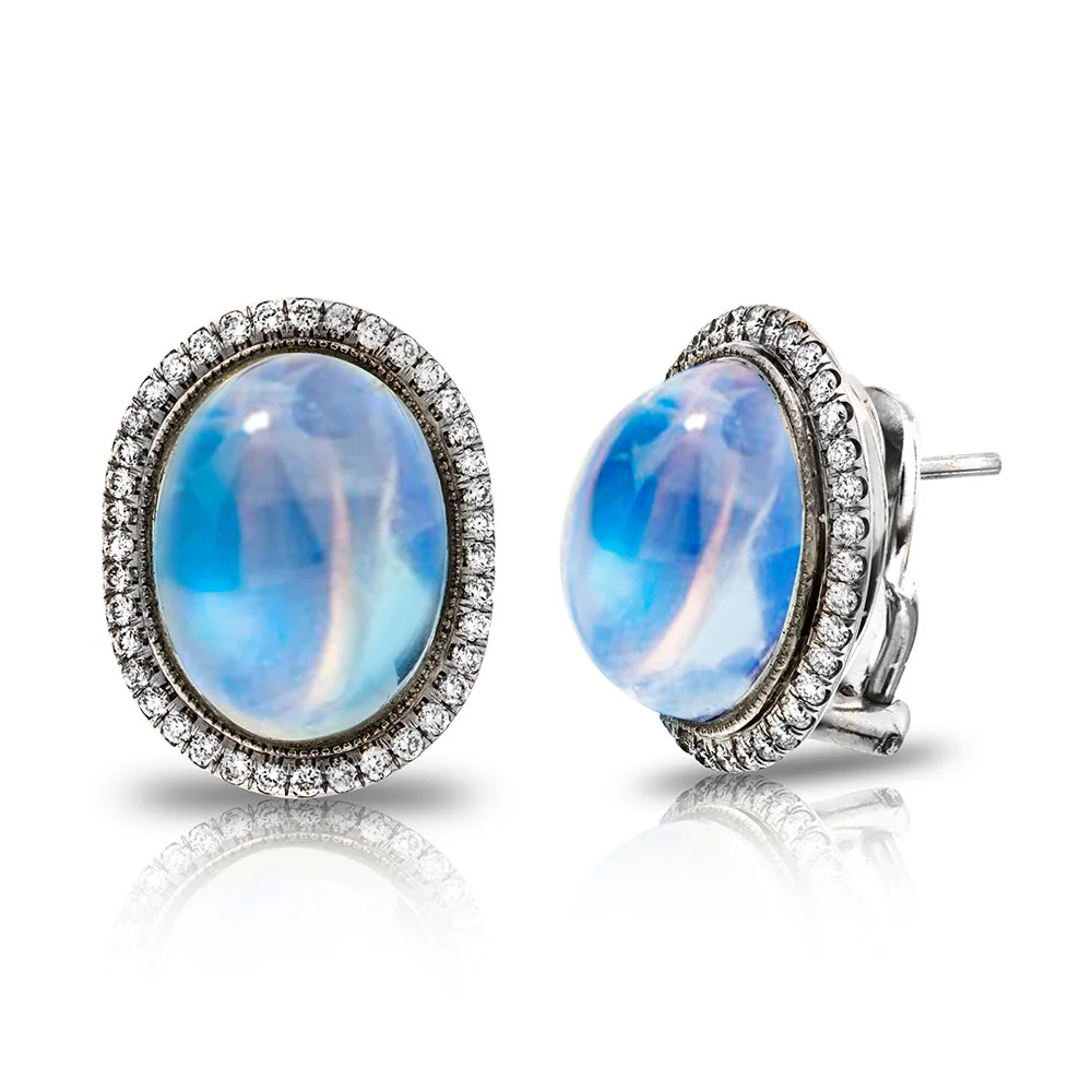 CABACHON TRANSPARENT BLUE GEM MOONSTONE STUD EARRINGS WITH ANTIQUE CUT DOWN DIAMOND PAVE AND MILGRAIN, CRAFTED IN PLATINUM. 17.88 CTW